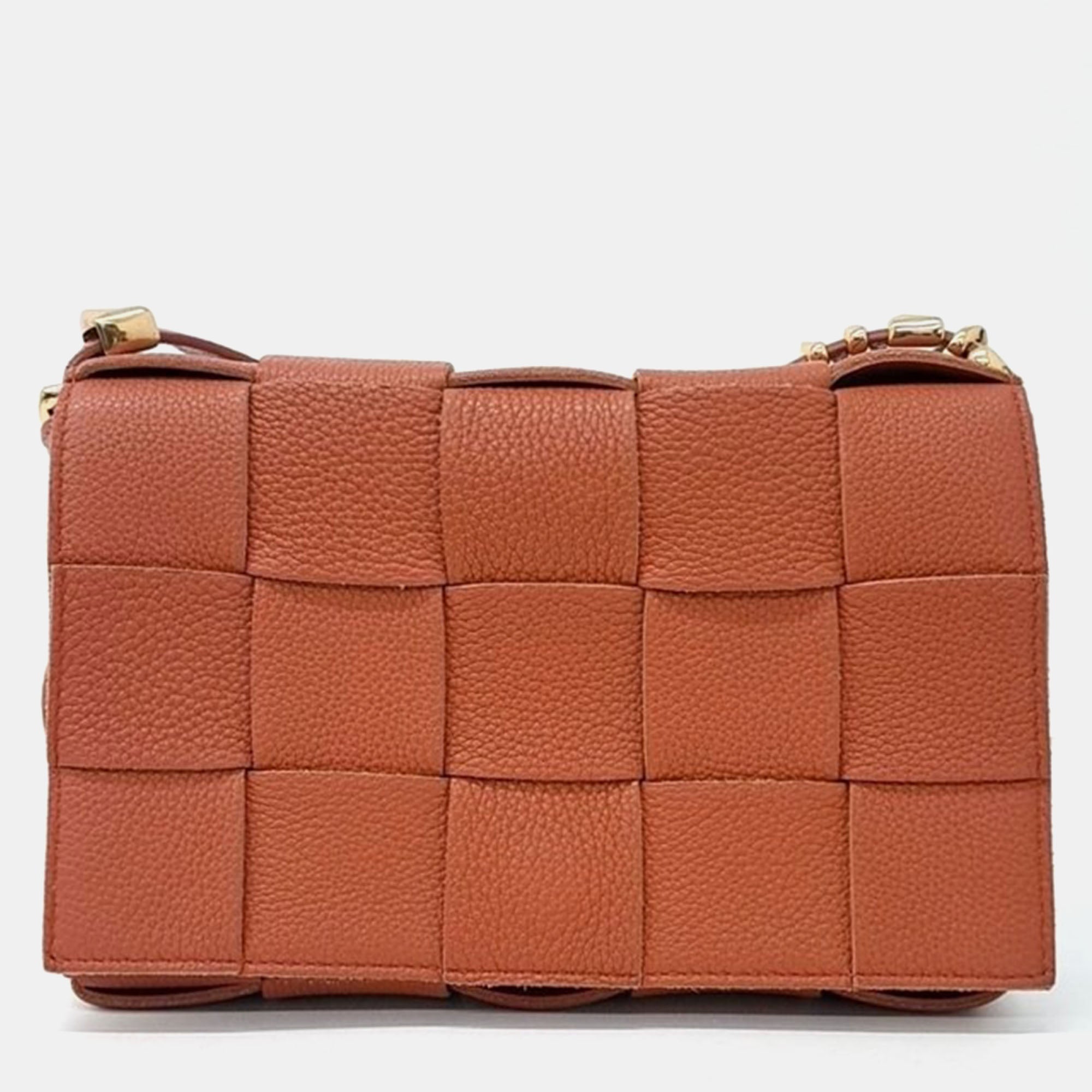 Bottega Veneta Orange Brown Leather Cassette Shoulder Bag