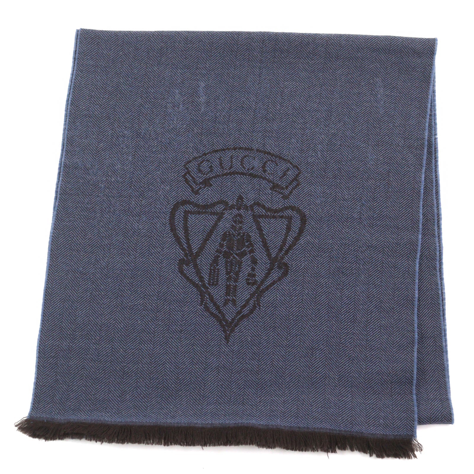 GUCCI Wool Crest Logo Fringed Scarf