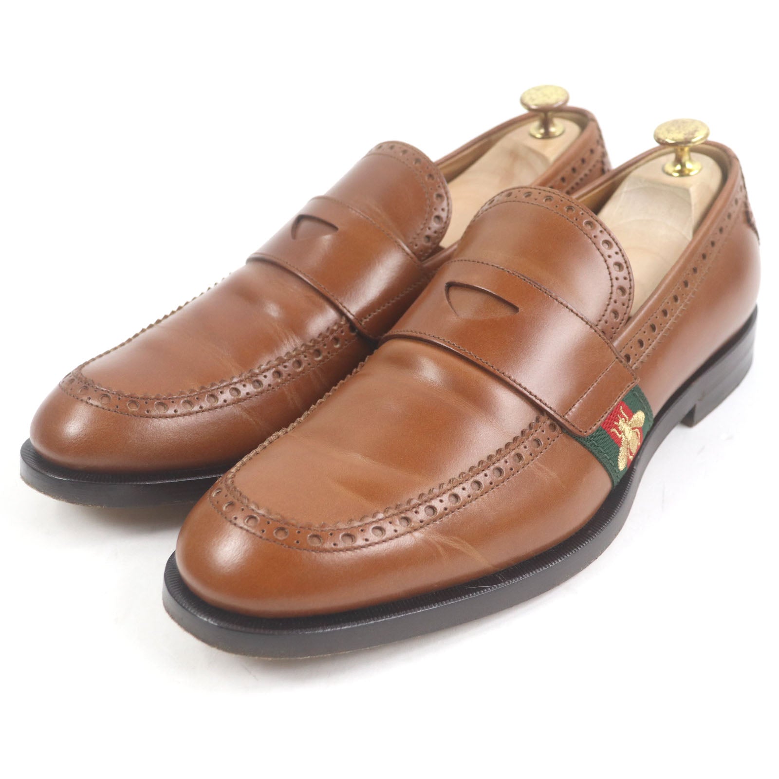 Gucci Bee embroidered web line leather loafers