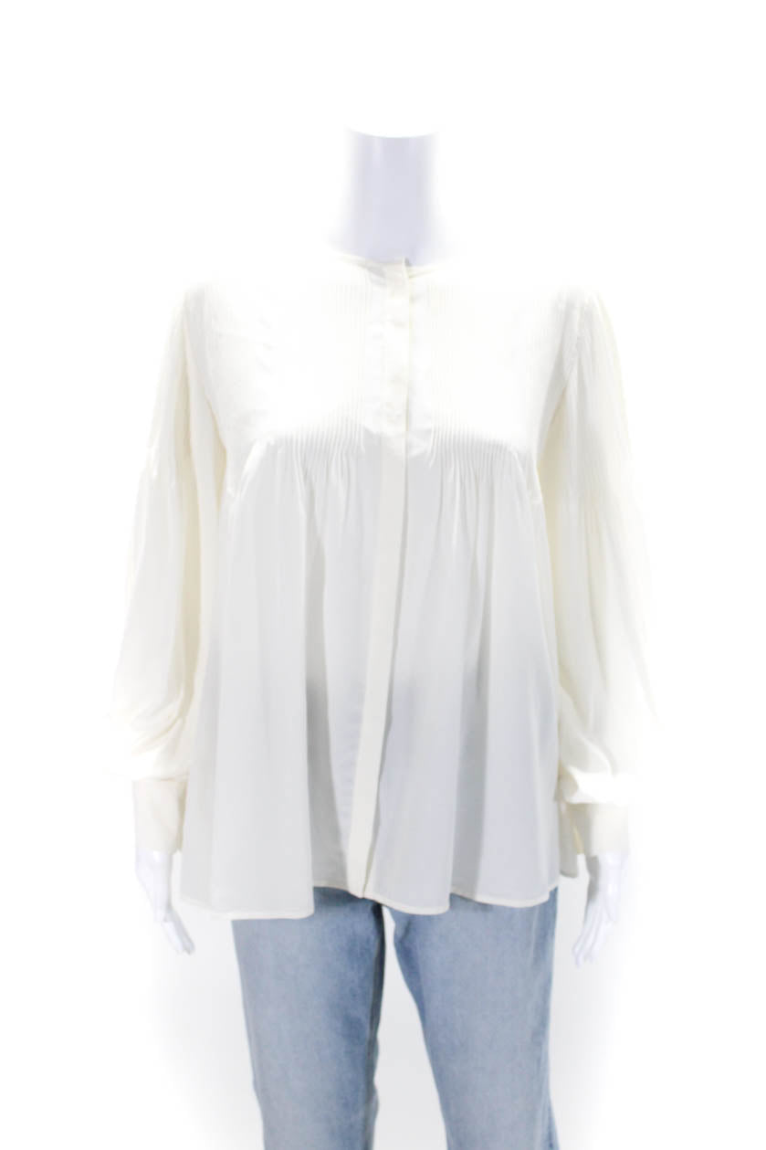 Chloe Womens Button Front Long Sleeve Crew Neck Silk Shirt White