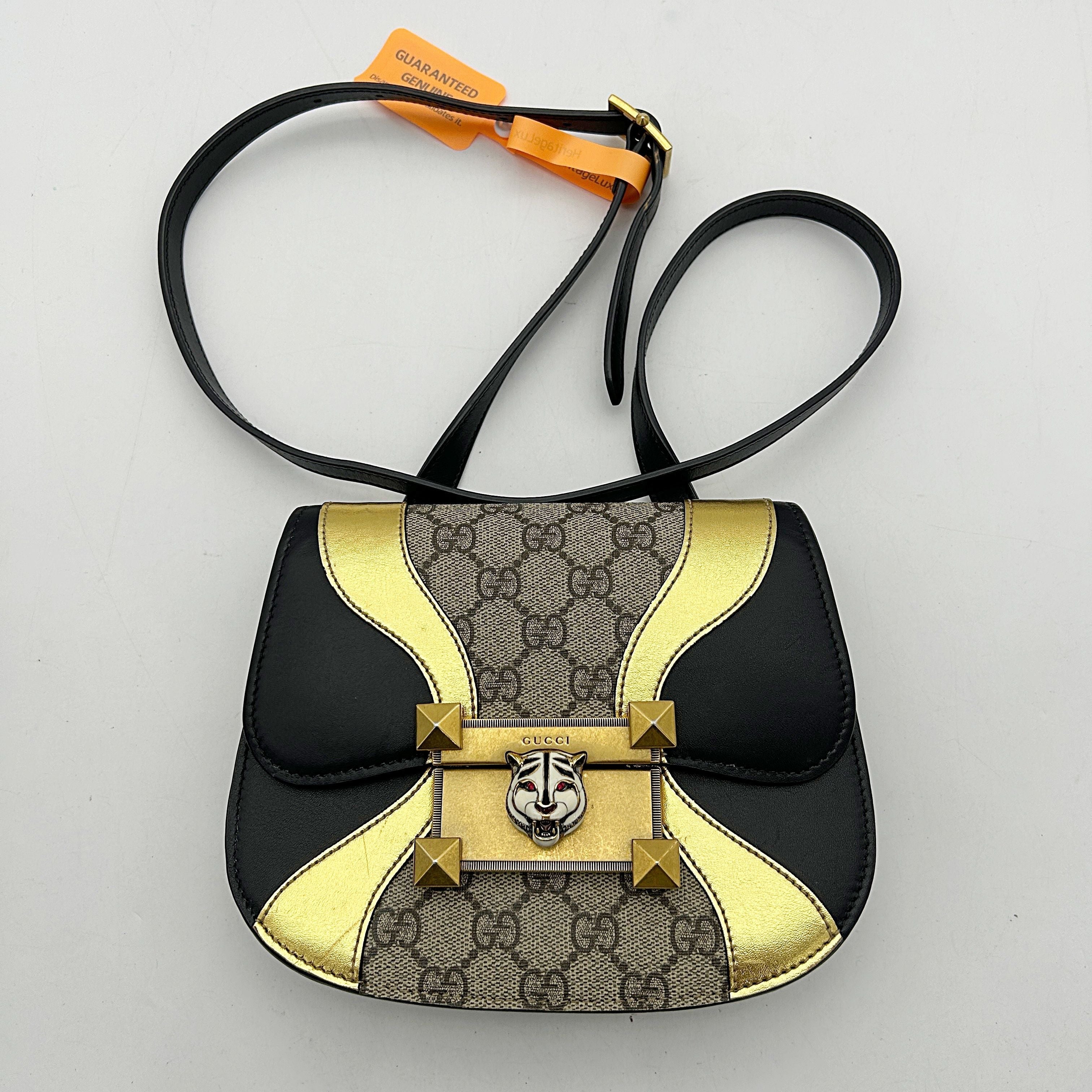GUCCI GG Supreme Monogram Small Osiride Shoulder Bag Black Gold 2506222503