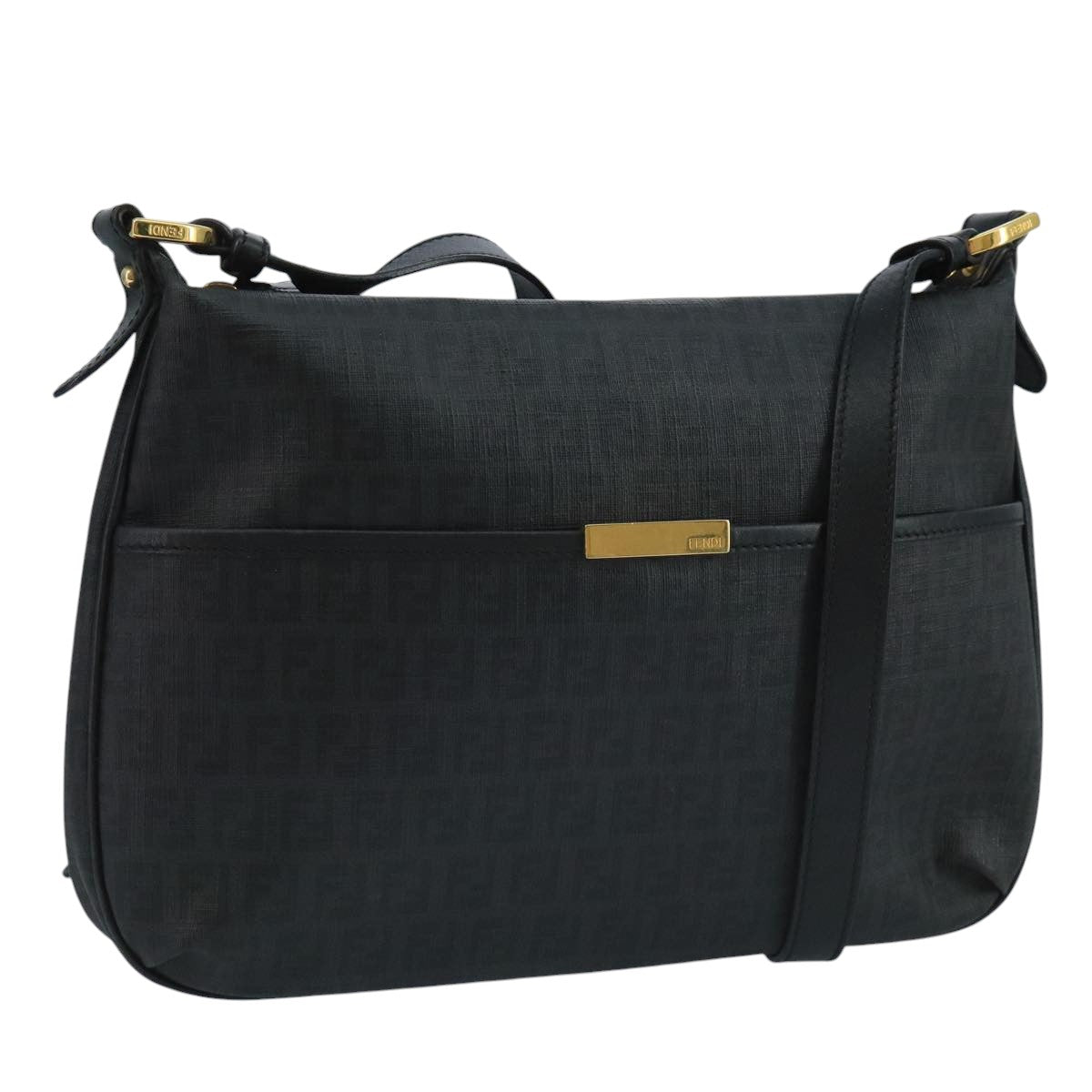 FENDI Zucchino Canvas Shoulder Bag Gold Black111182