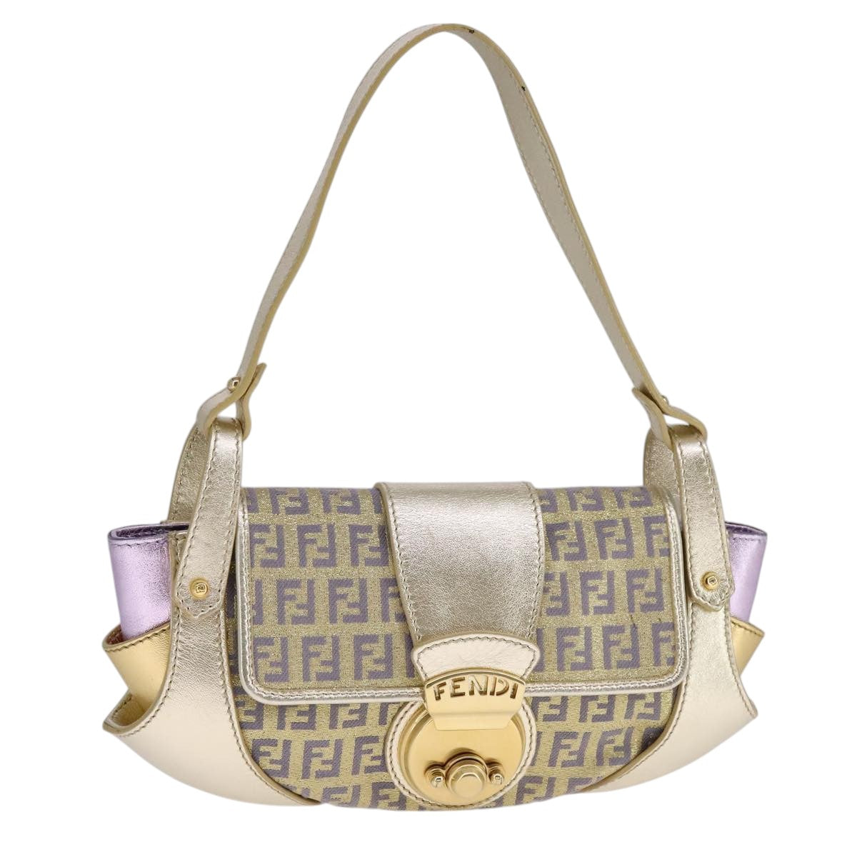 FENDI Zucchino Canvas Shoulder Bag Gold Purple112288