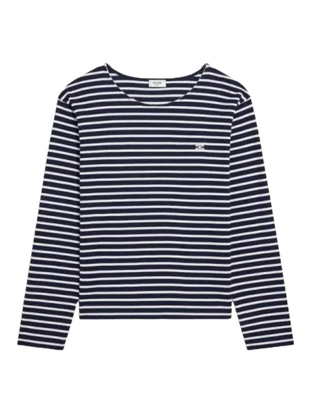 CELINE Triomphe Striped Cotton Jersey Long Sleeve T-Shirt White Navy