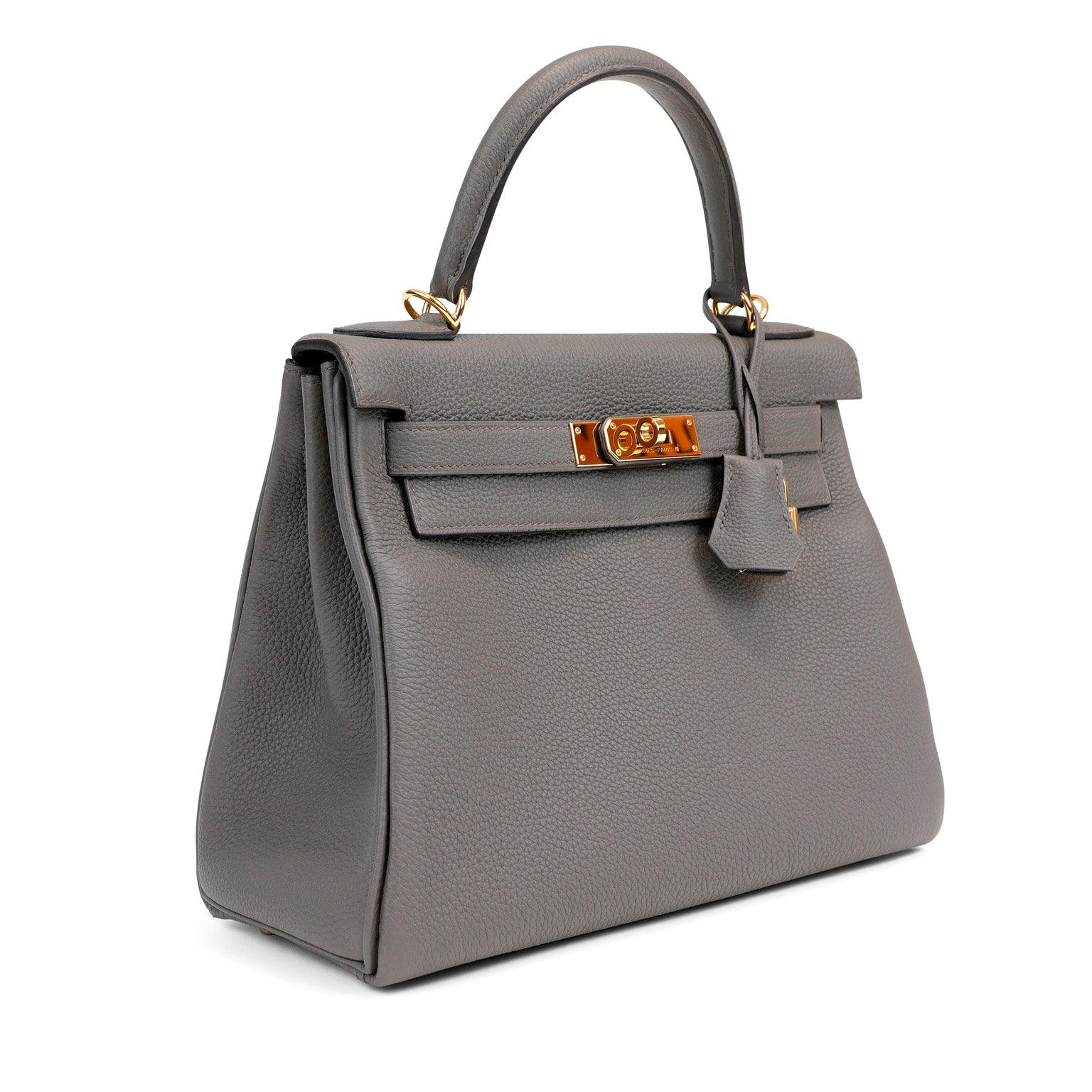 Hermes 28cm Gris Etoupe Togo Kelly w/ Gold Hardware
