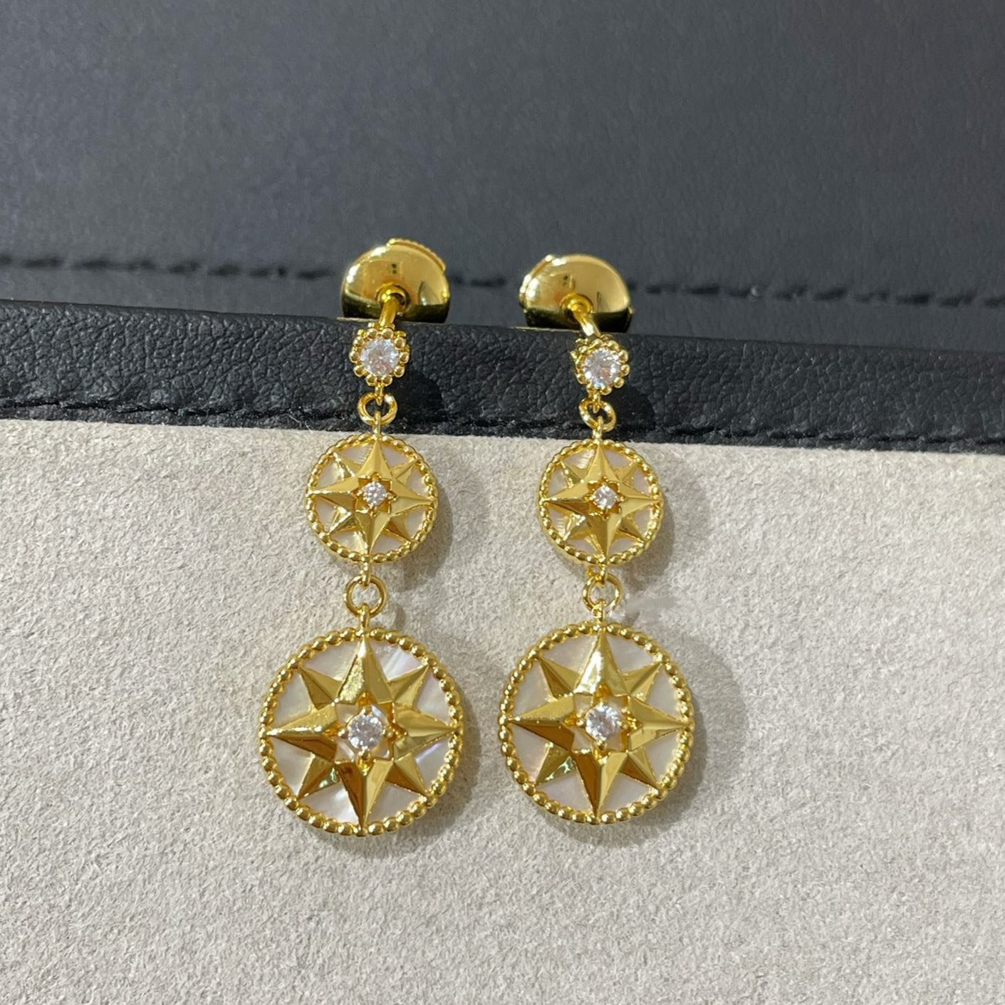 DIOR LUCKY STAR GOLD DIAMOND MOP 3 MOTIF DROP EARRINGS