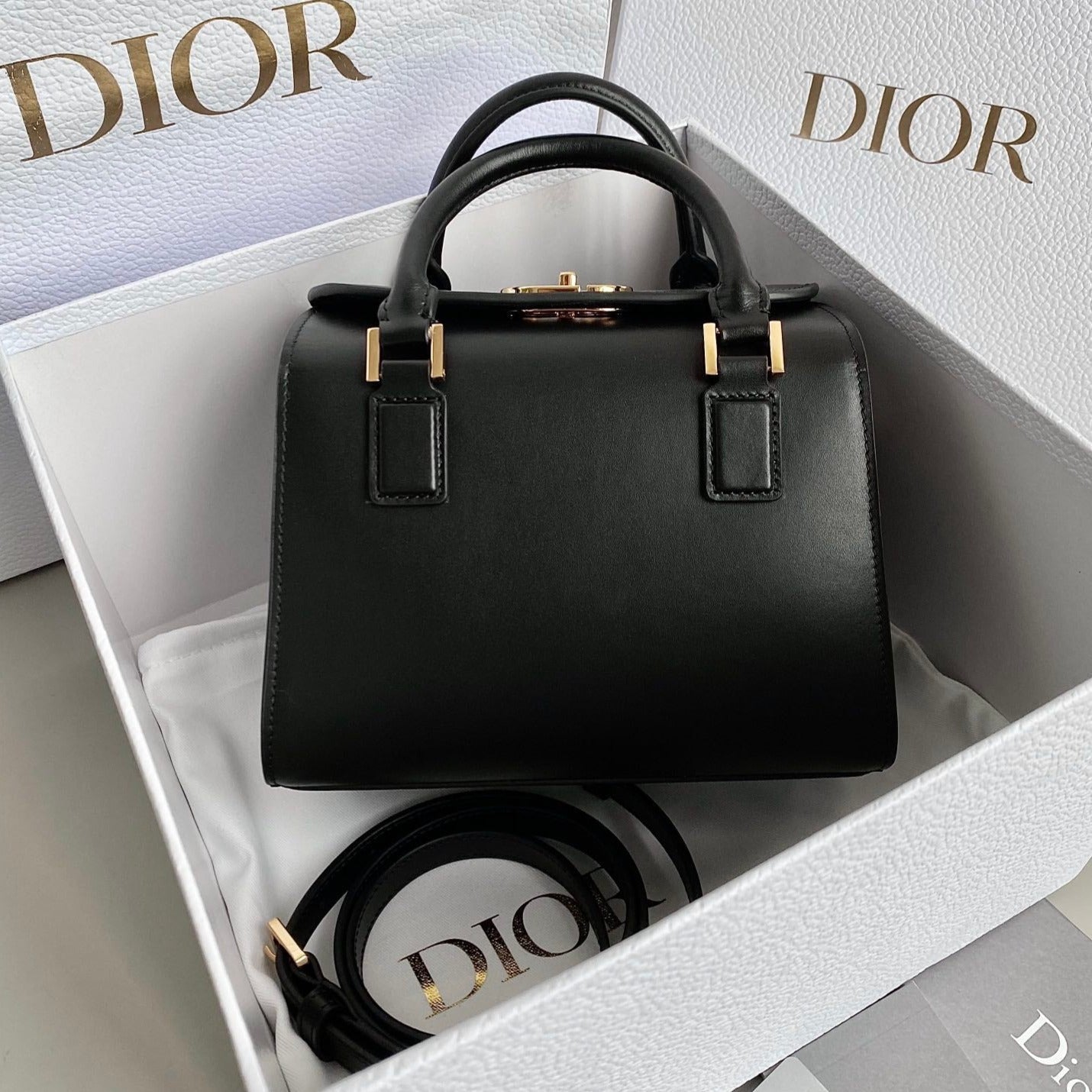 DIOR SMALL BOSTON 22 BLACK BOX CALFSKIN