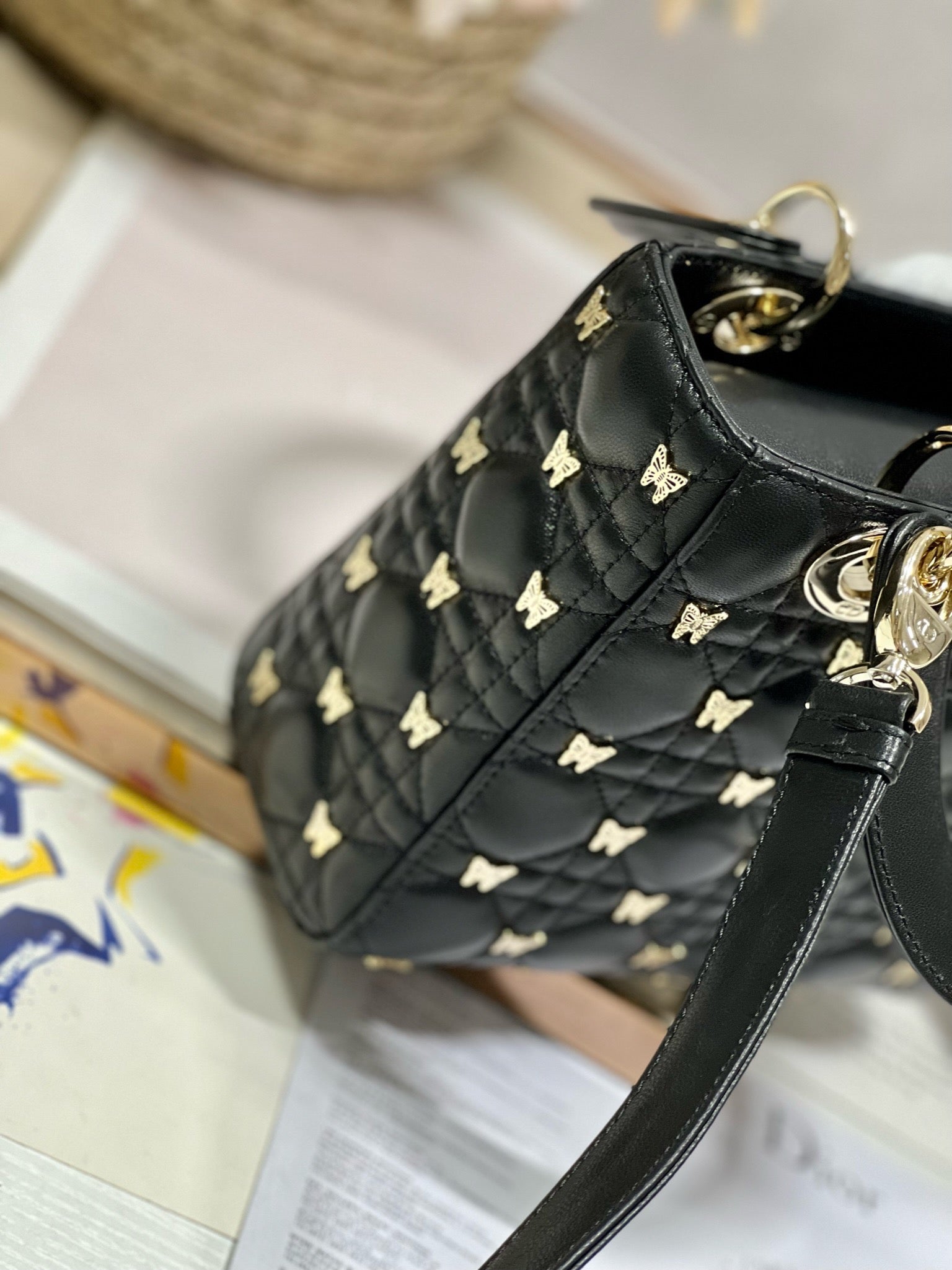 DIOR SMALL LADY 20 BUTTERFLY STUD BLACK LAMBSKIN