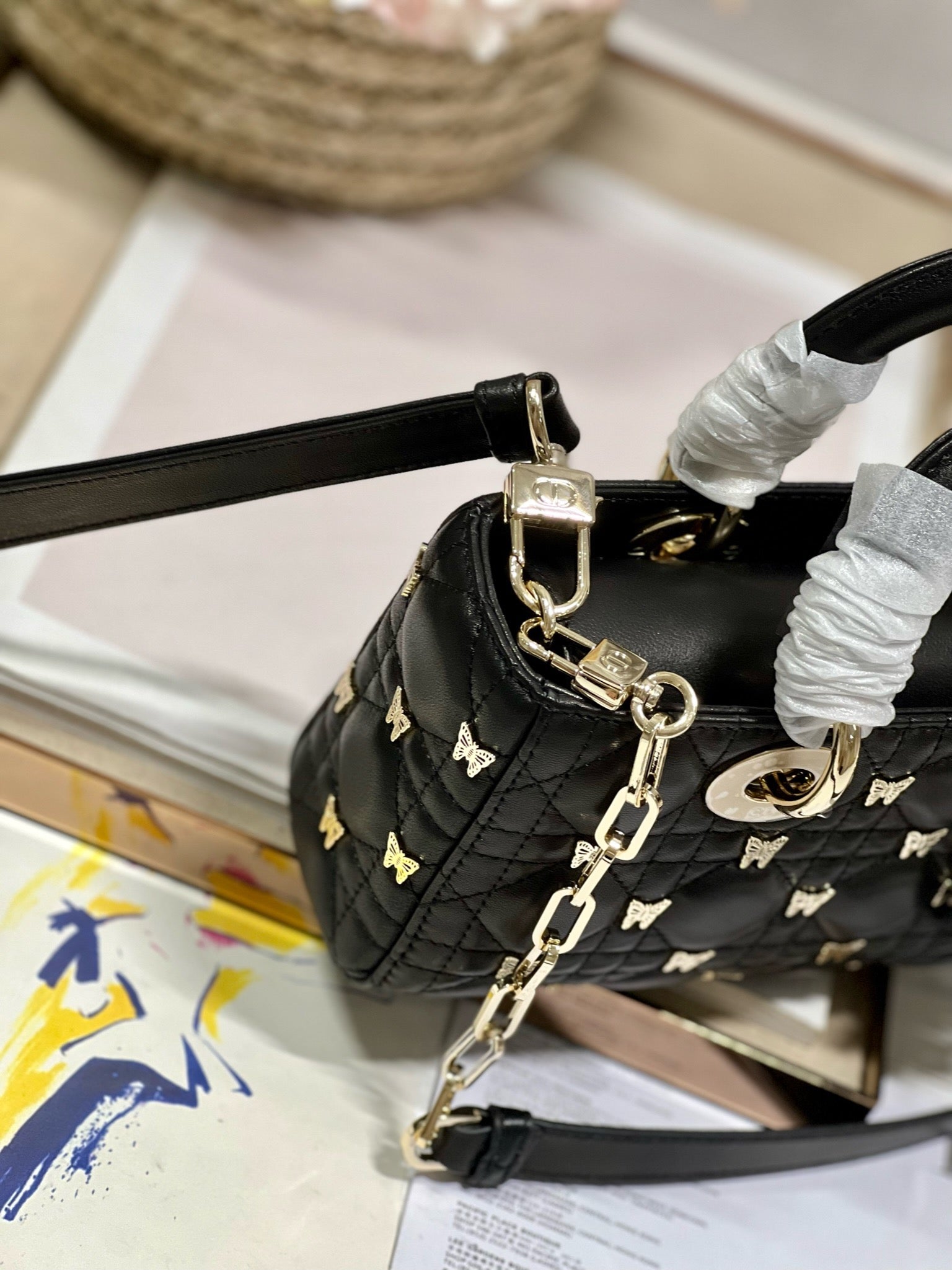 DIOR SMALL LADY D-JOY 22 BUTTERFLY STUD BLACK LAMBSKIN