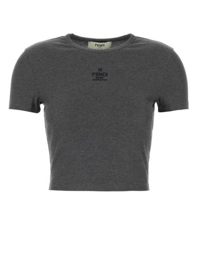 Fendi Embroidered Logo Crop Cotton Short Sleeve T-Shirt Grey