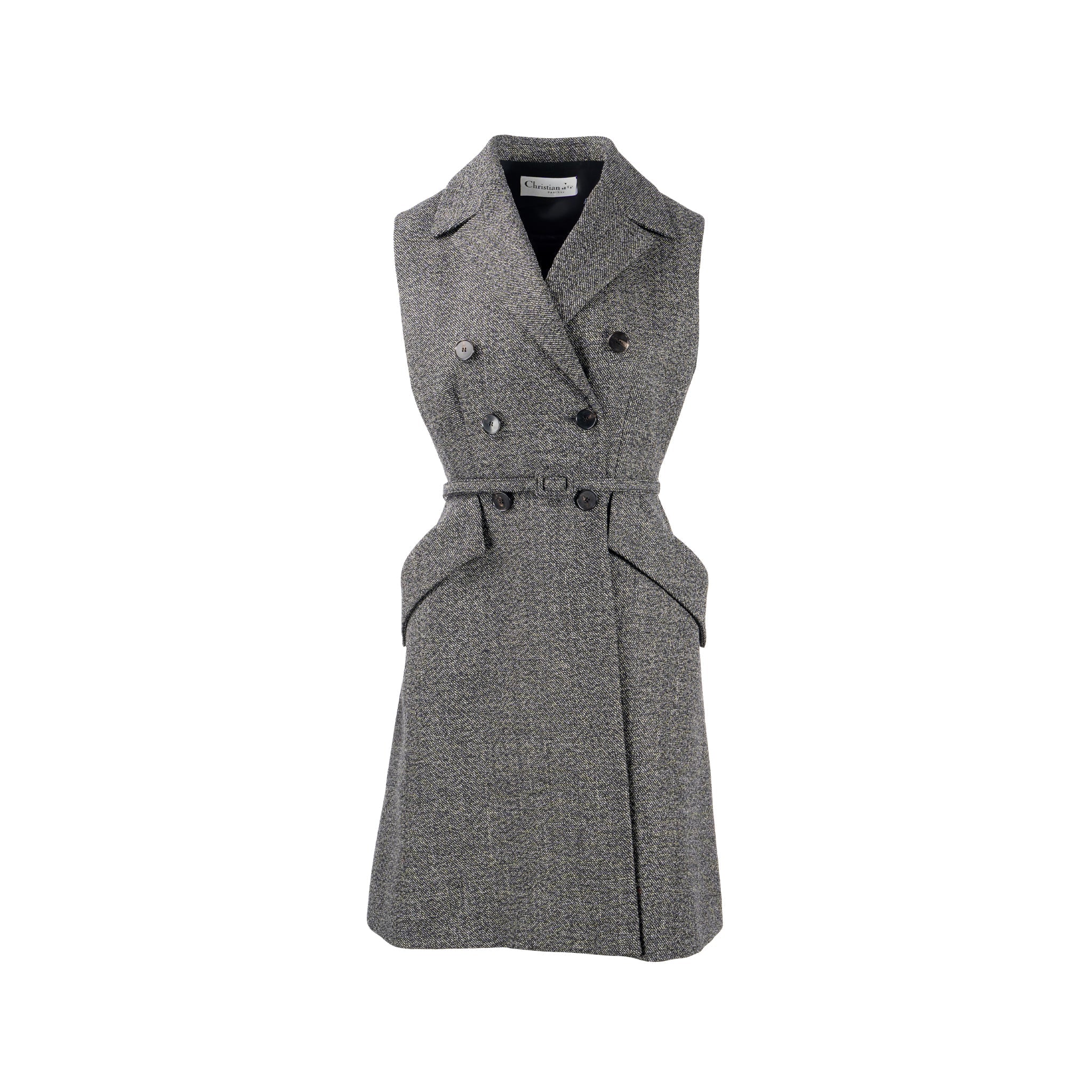 Dior Size 40 Sleeveless Dress/Vest with Belt Virgin Wool Grey