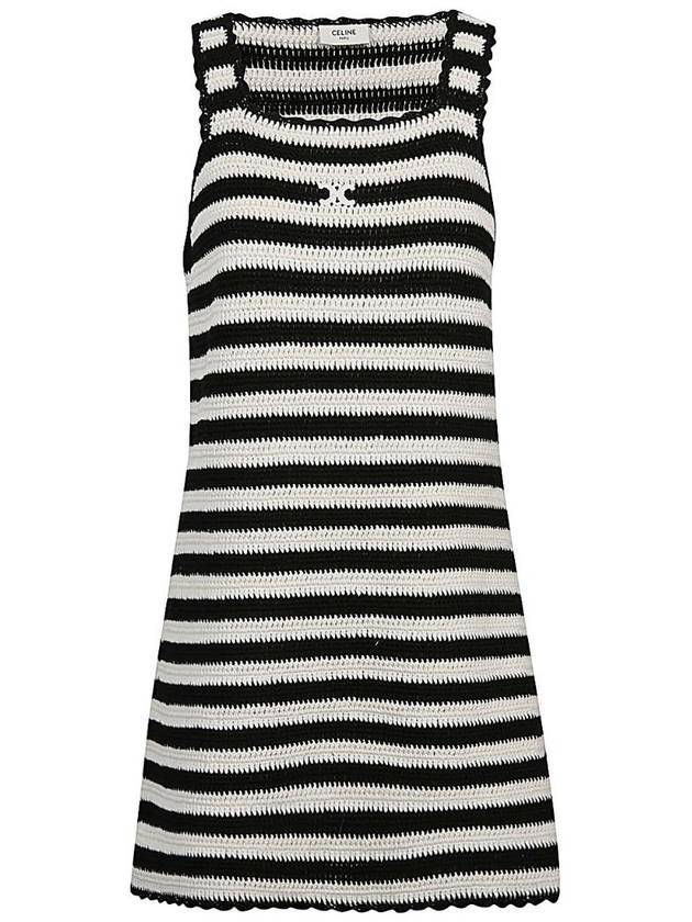 CELINE Triomphe Striped Crochet Short Dress Ecru Black