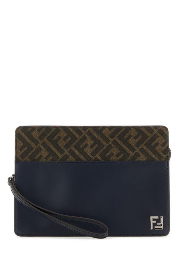 Fendi Man Embroidered Canvas And Leather Standing Clutch
