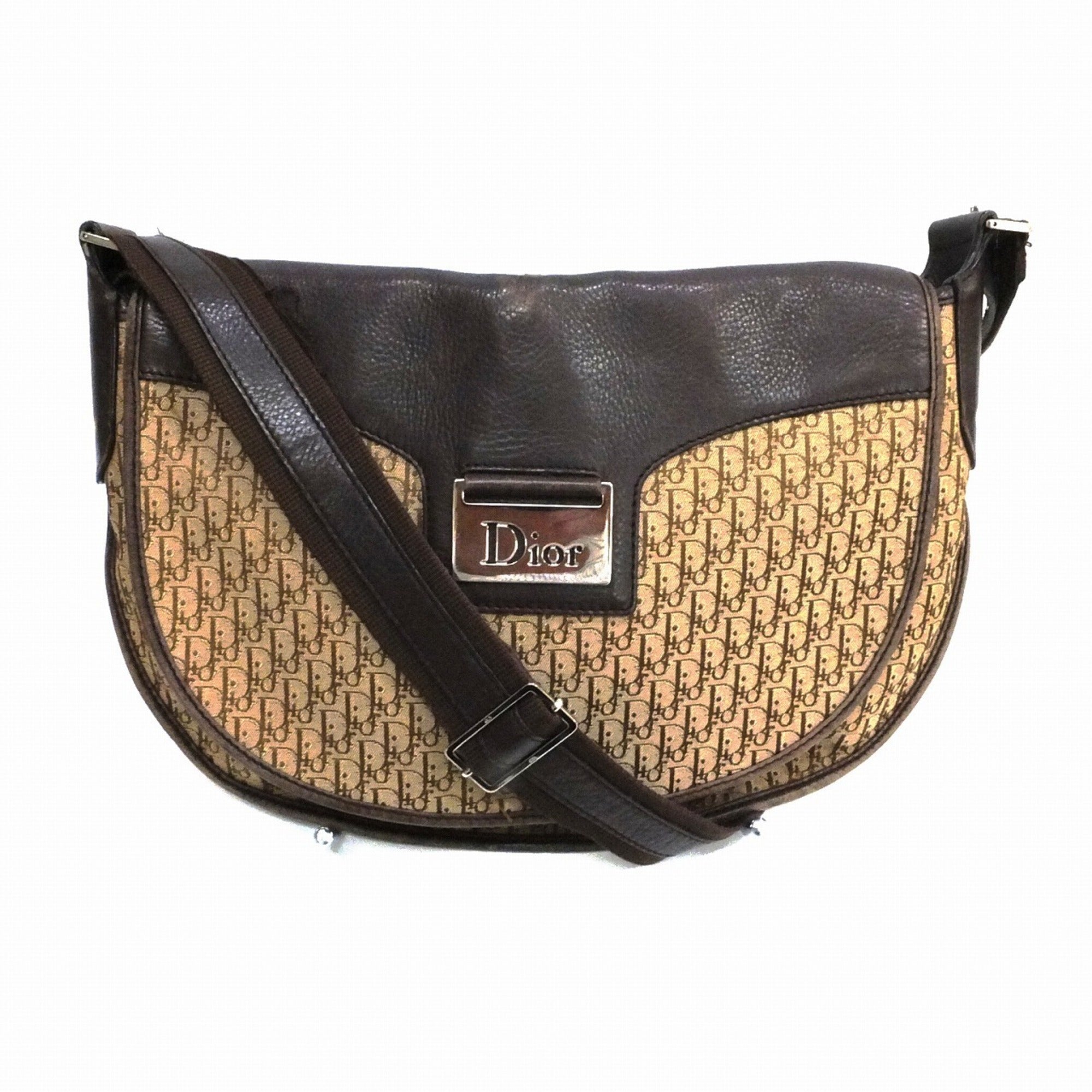 CHRISTIAN DIOR Shoulder Bag Trotter Brown Beige Leather Canvas