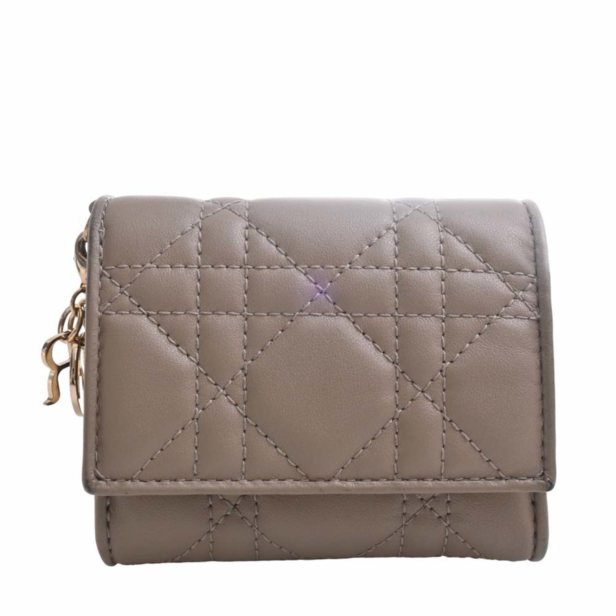 CHRISTIAN DIOR Lady Cannage Leather Lotus Trifold Wallet Beige Ladies