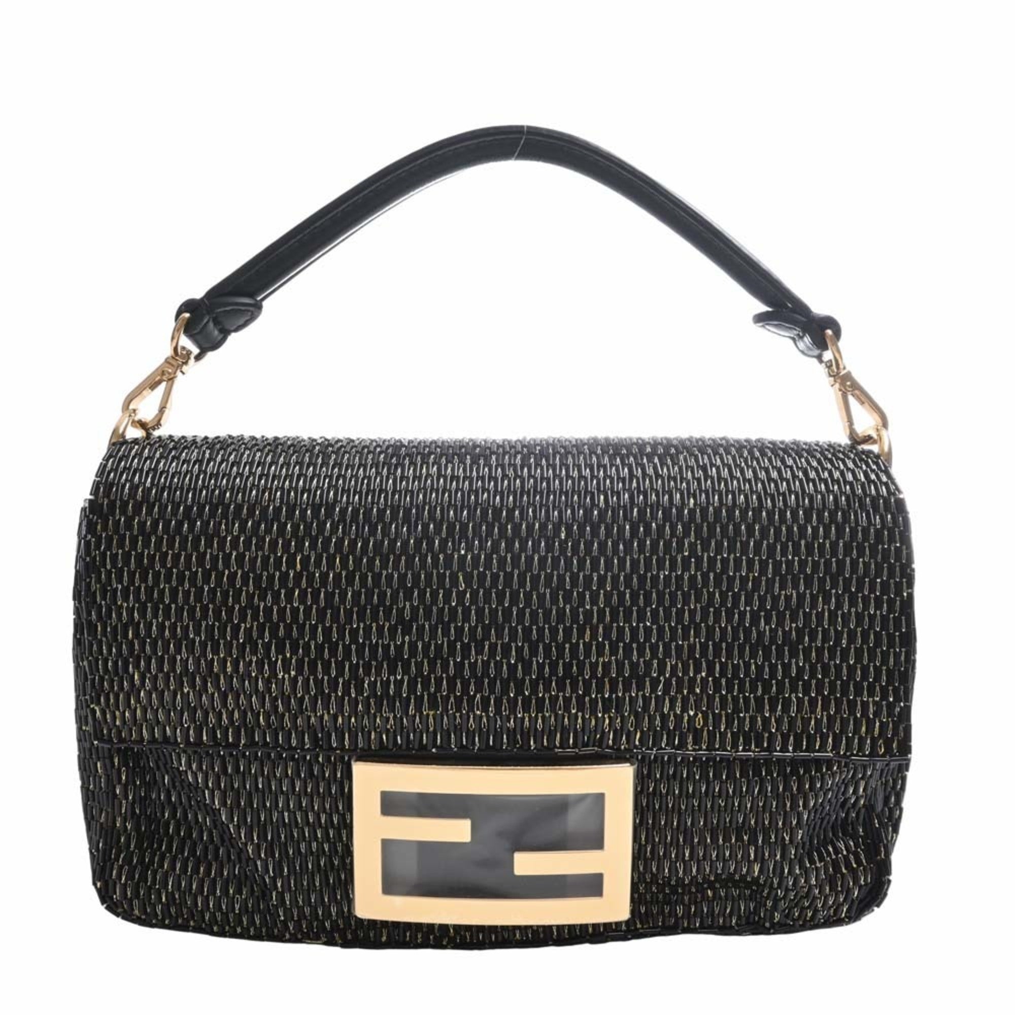 FENDI Leather Beads Bucket Chain Shoulder Bag 8BS017 Black Ladies