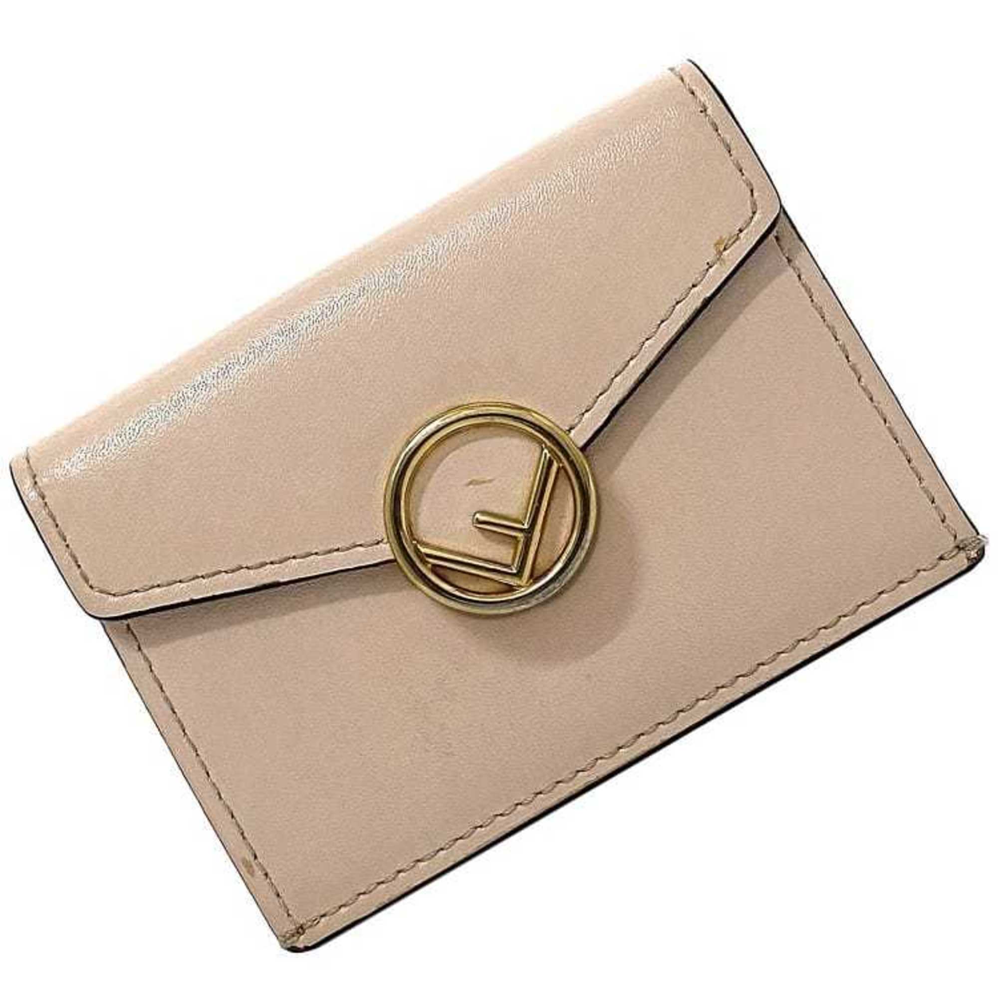 FENDI Trifold Wallet Pink Beige Gold Fizu 8M0395 Leather GP Circle Women's