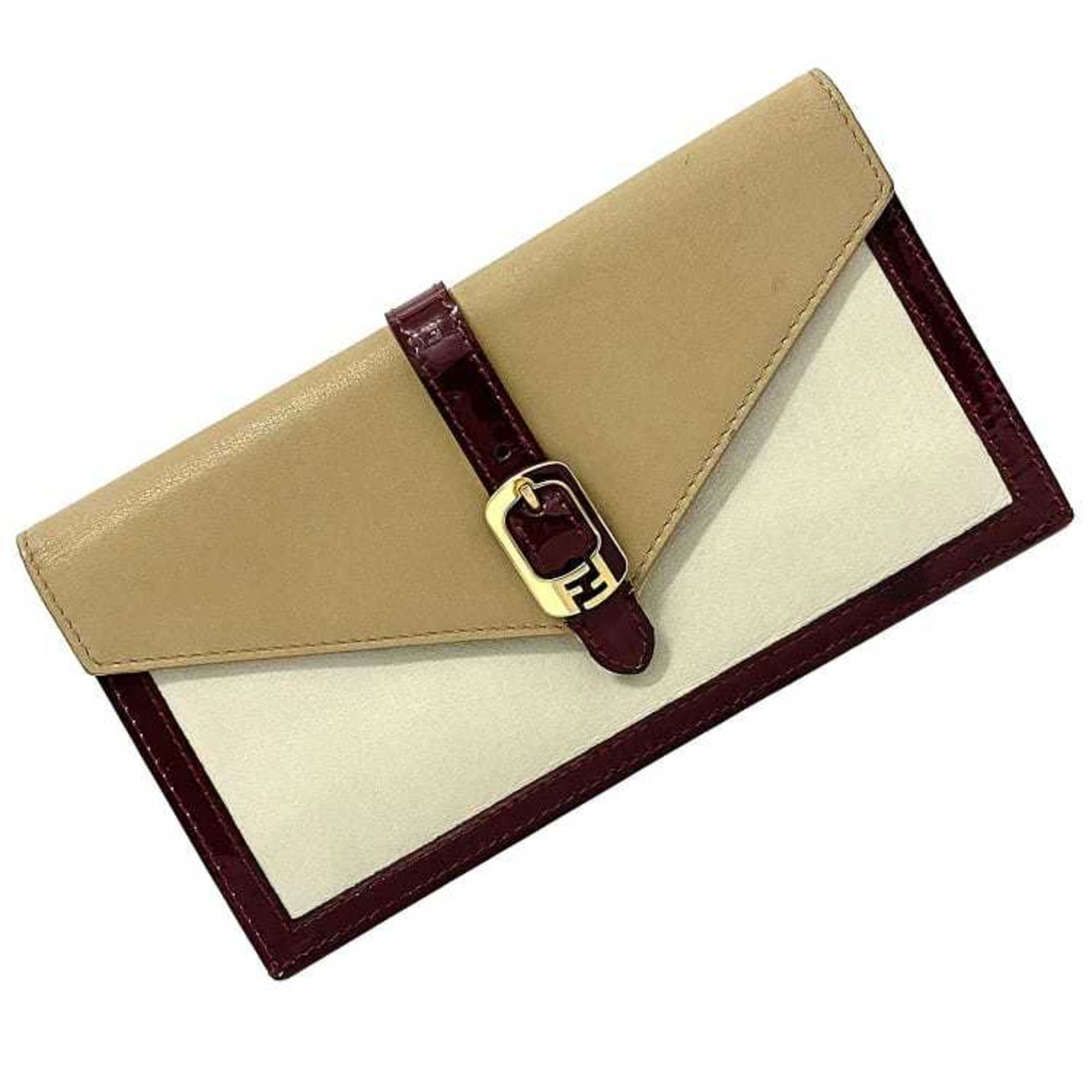 FENDI Bifold Long Wallet White Beige Wine Red Chameleon 8M0283 Patent Leather Flap Clutch Bag Belt Women's
