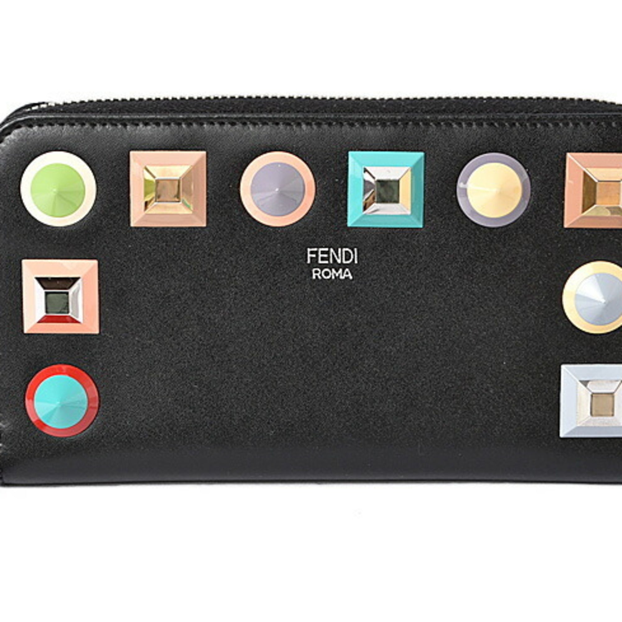 FENDI wallet long round zipper rainbow leather black multicolor studs 8M0299