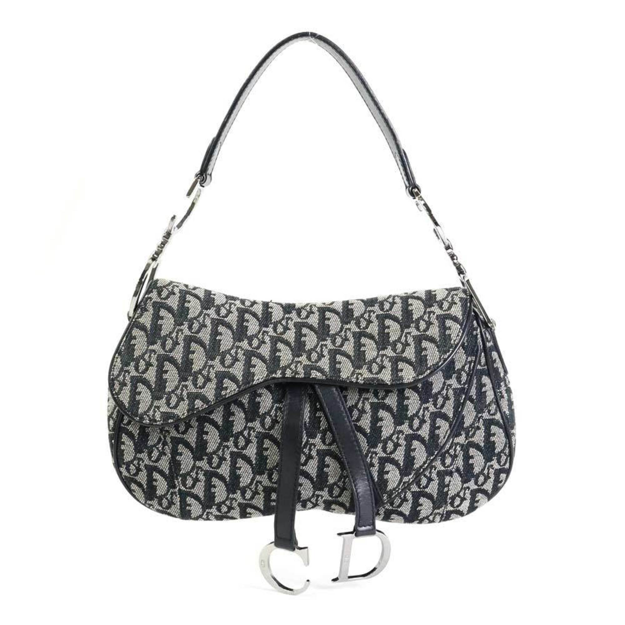 CHRISTIAN DIOR Shoulder Bag Trotter Double Saddle Canvas/Leather Gray/Black Silver Ladies