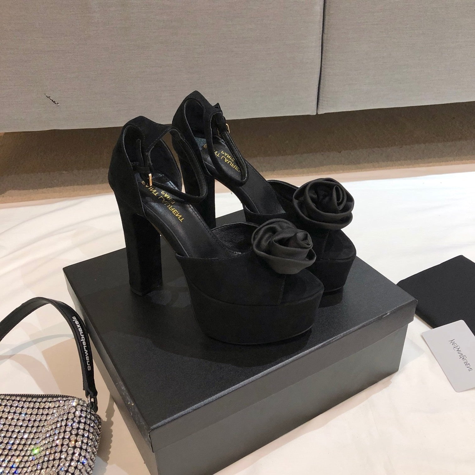 Saint Laurent SL IVY FLORAL 135 PLATFORM SANDAL BLACK SUEDE