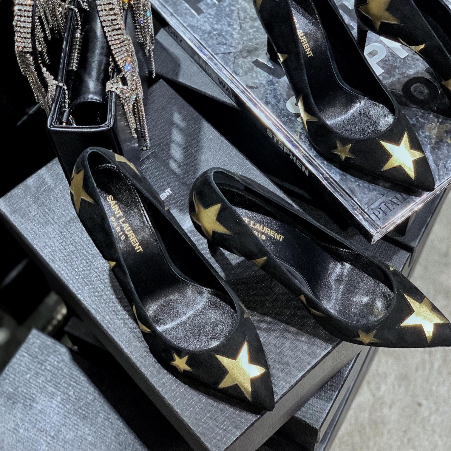 Saint Laurent SL CHARLOTTE GOLD STAR PUMPS BLACK SUEDE