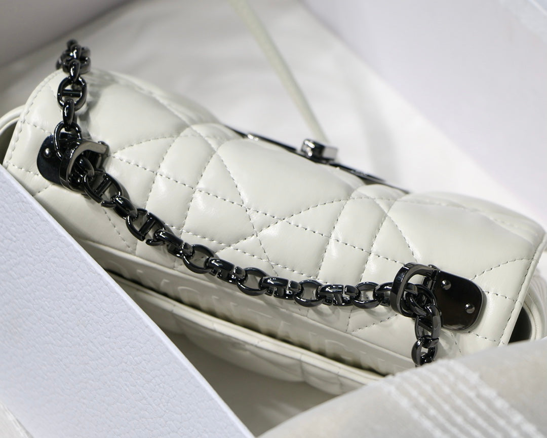 DIOR SMALL CARO BAG 20 WHITE CALFSKIN BLACK HARDWARE