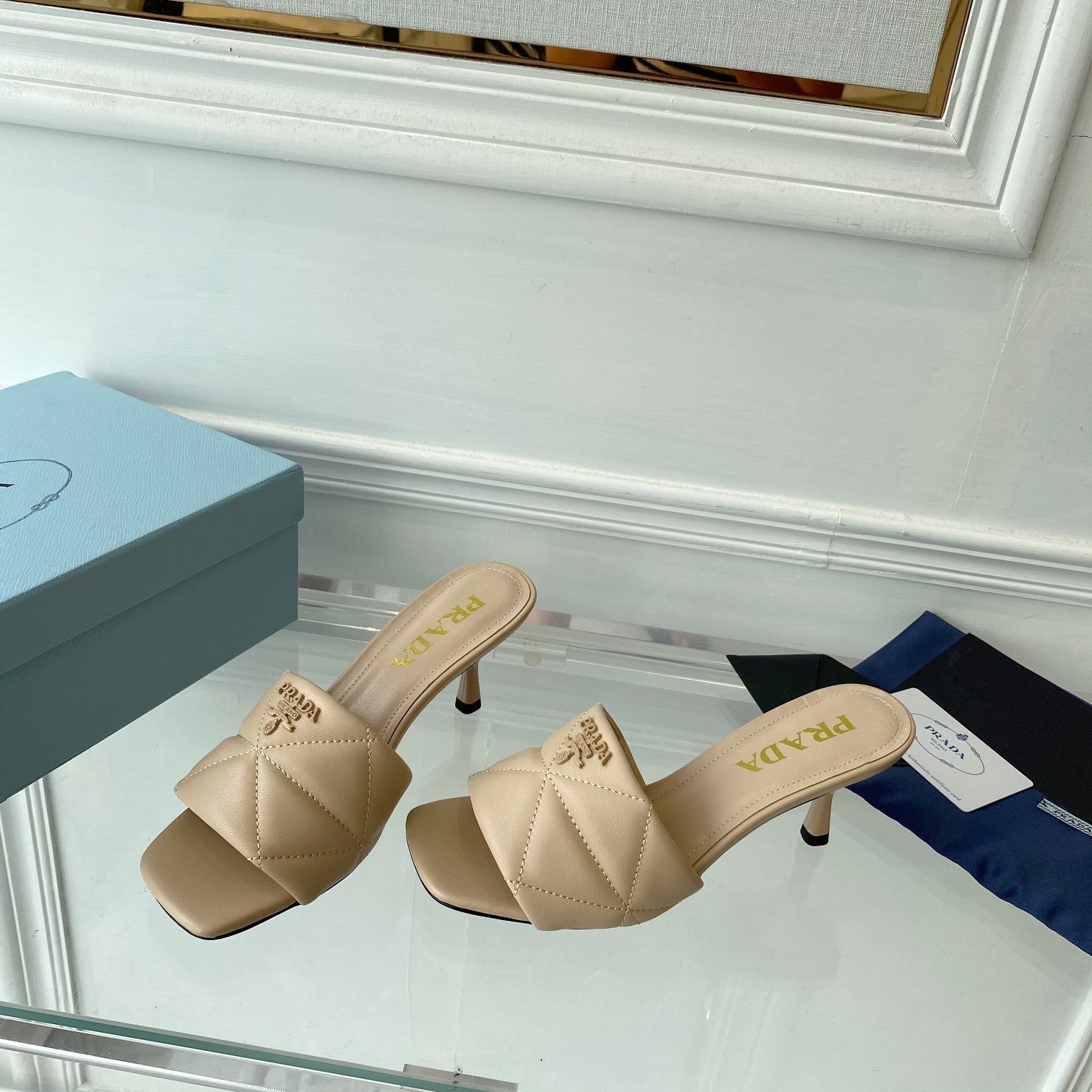 PRADA QUILTED HIGH HEELS SANDALS 65 BEIGE LAMBSKIN