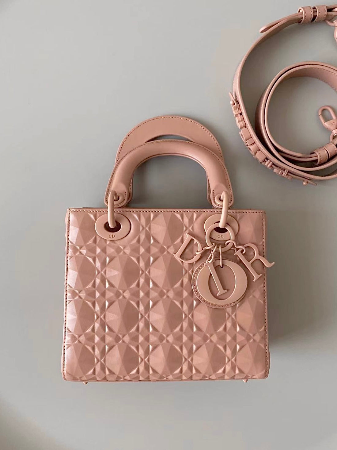 DIOR SMALL LADY 20 BLUSH ULTRAMATTE LAMBSKIN DIAMOND MOTIF