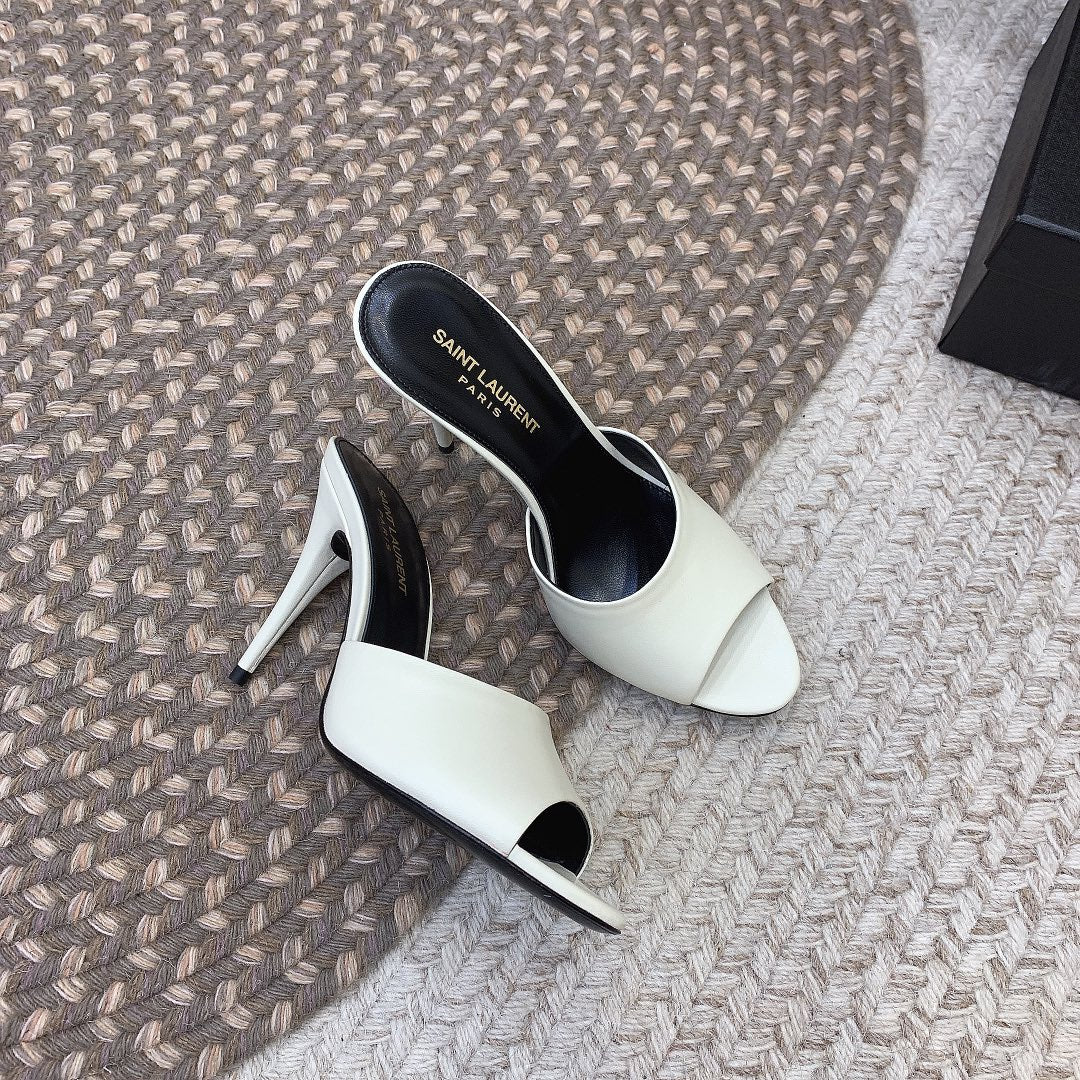 Saint Laurent LA 16 HEELED MULES IN WHITE SMOOTH LAMBSKIN