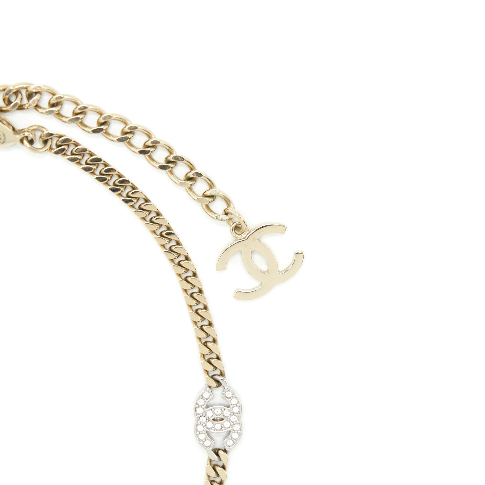 Chanel Mini CC Logo Choker/Double Chain Bracelet Light Gold Tone