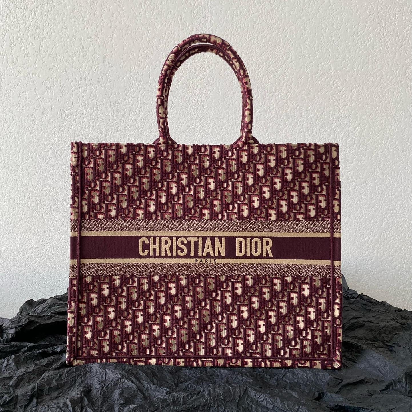 DIOR Large Book Tote 42cm Burgundy Retro Style D Letter Embroidery