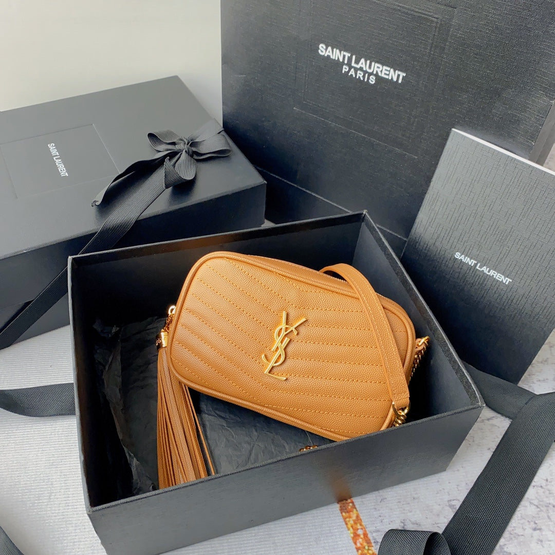 Saint Laurent LOU MINI CAMERA BAG 19 IN MANGO ORANGE CAVIAR PATTERN CALFSKIN GOLD HARDWARE