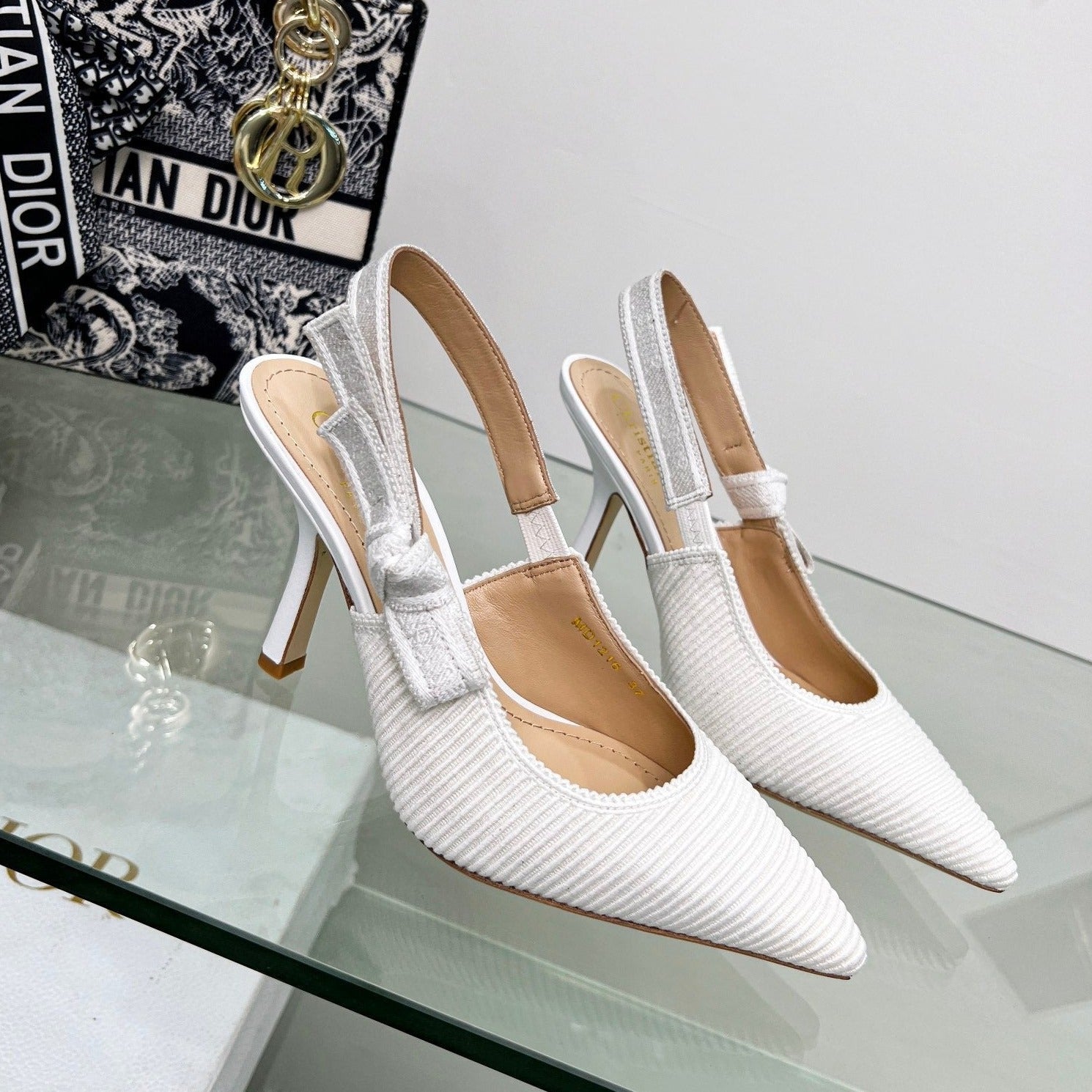 DIOR slingback pumps 95 white embroidered cotton