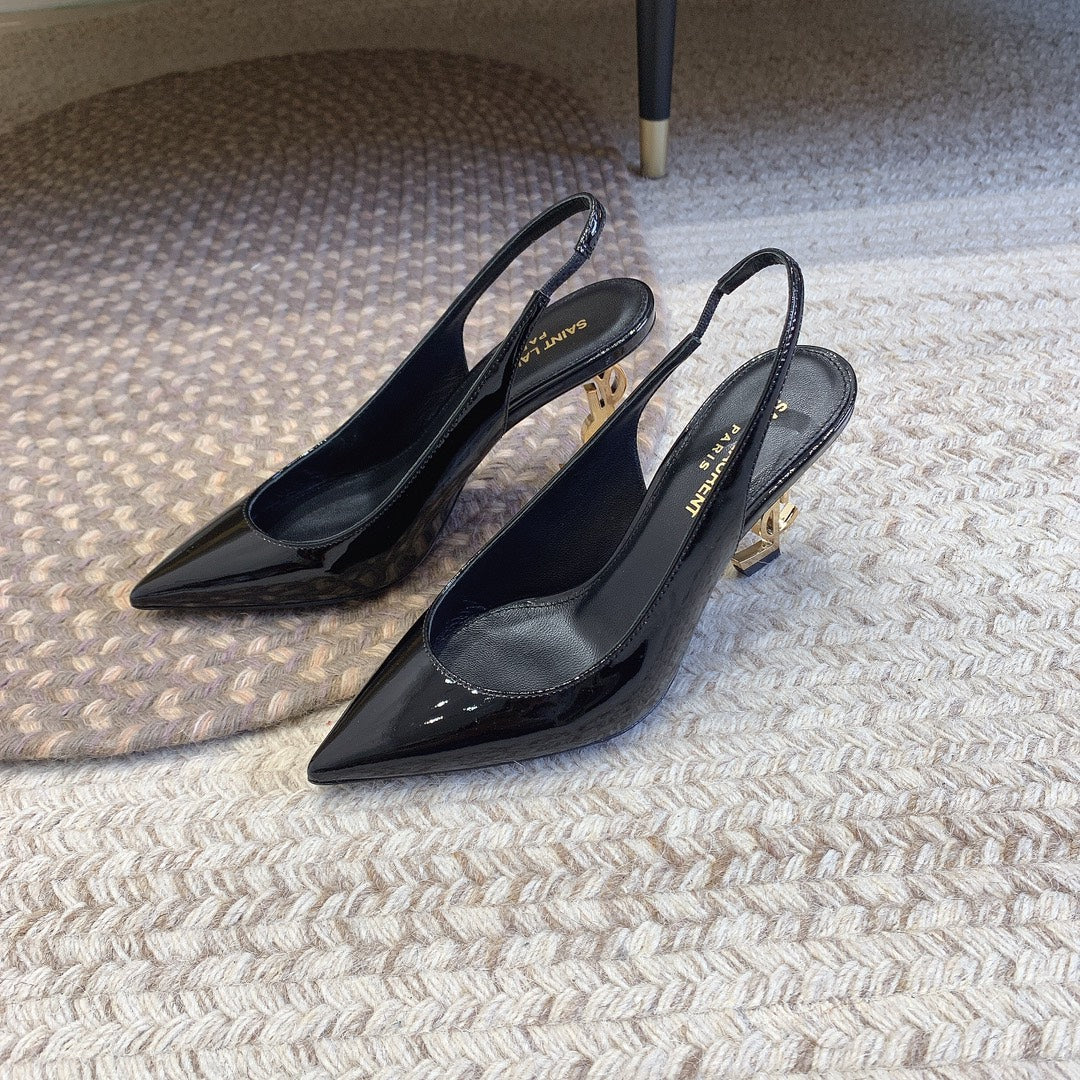 Saint Laurent OPYUM GOLD HEEL SLINGBACK PUMPS IN BLACK GLOSSY CALFSKIN