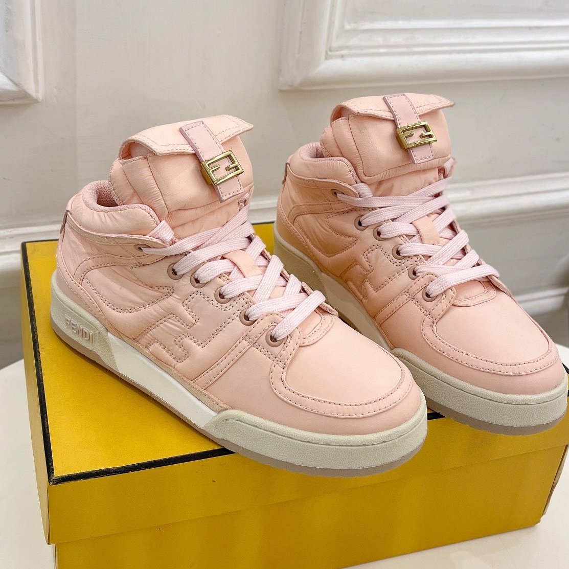 FENDI FENDI LOGO SOCK SNEAKER BOOTS IN LIGHT PINK LAMBSKIN