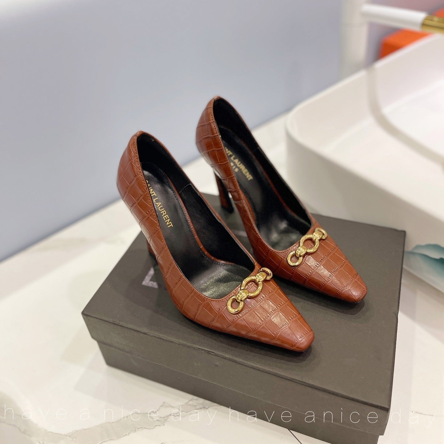 Saint Laurent SL SILVANA CROCODILE MOTIF CHAIN PUMPS BROWN CALFSKIN