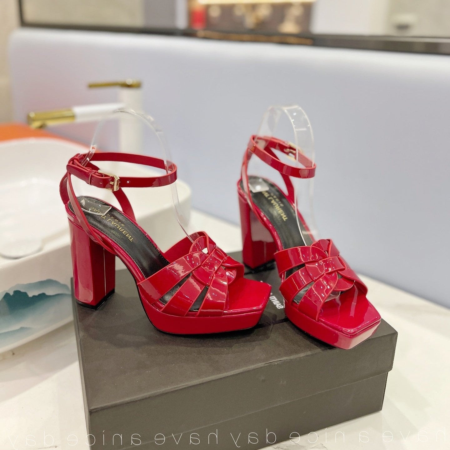 Saint Laurent SL TRIBUTE FLATFORM SANDALS GLOSSY RED CALFSKIN