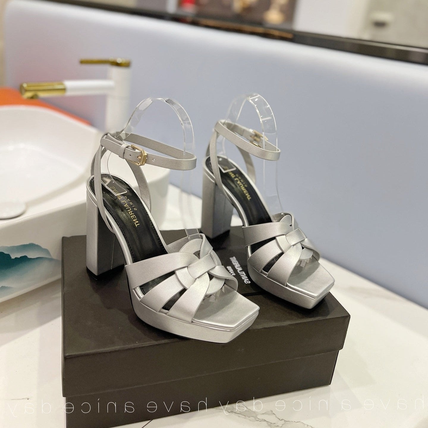Saint Laurent SL TRIBUTE FLATFORM SANDALS SILVER CALFSKIN