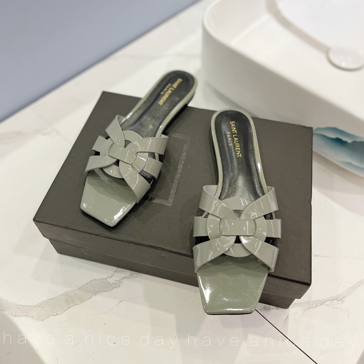 Saint Laurent SL TRIBUTE SLIPPERS GLOSSY SAGE CALFSKIN