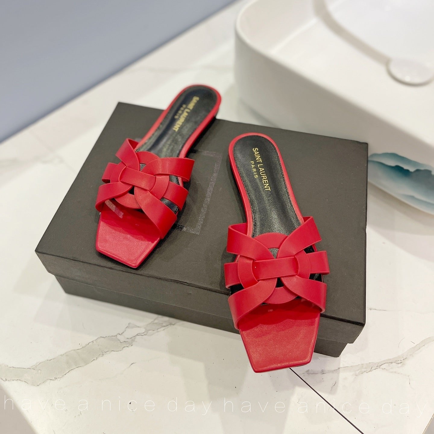 Saint Laurent SL TRIBUTE SLIPPERS RED CALFSKIN