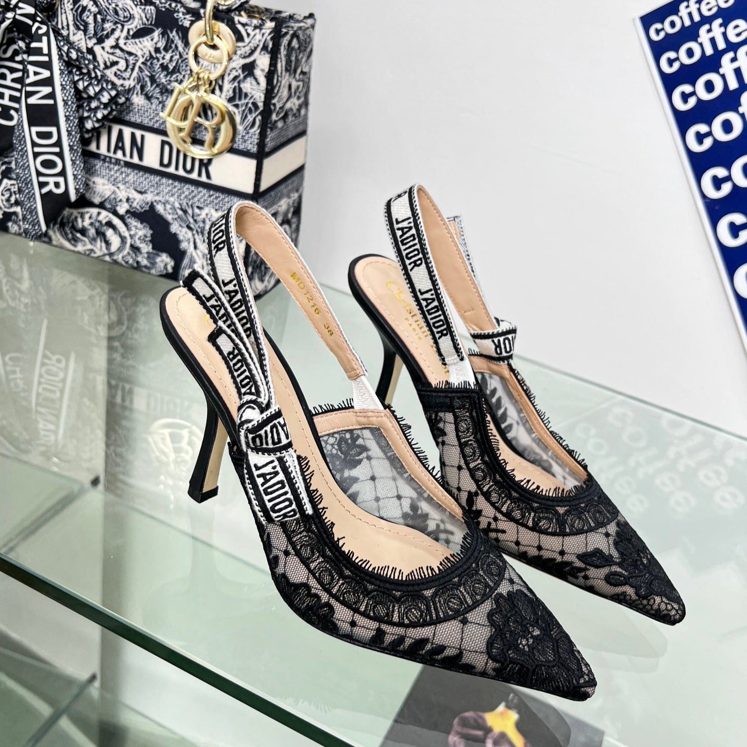 DIOR slingback pump 95 transparent mesh embroidered black flower moitf