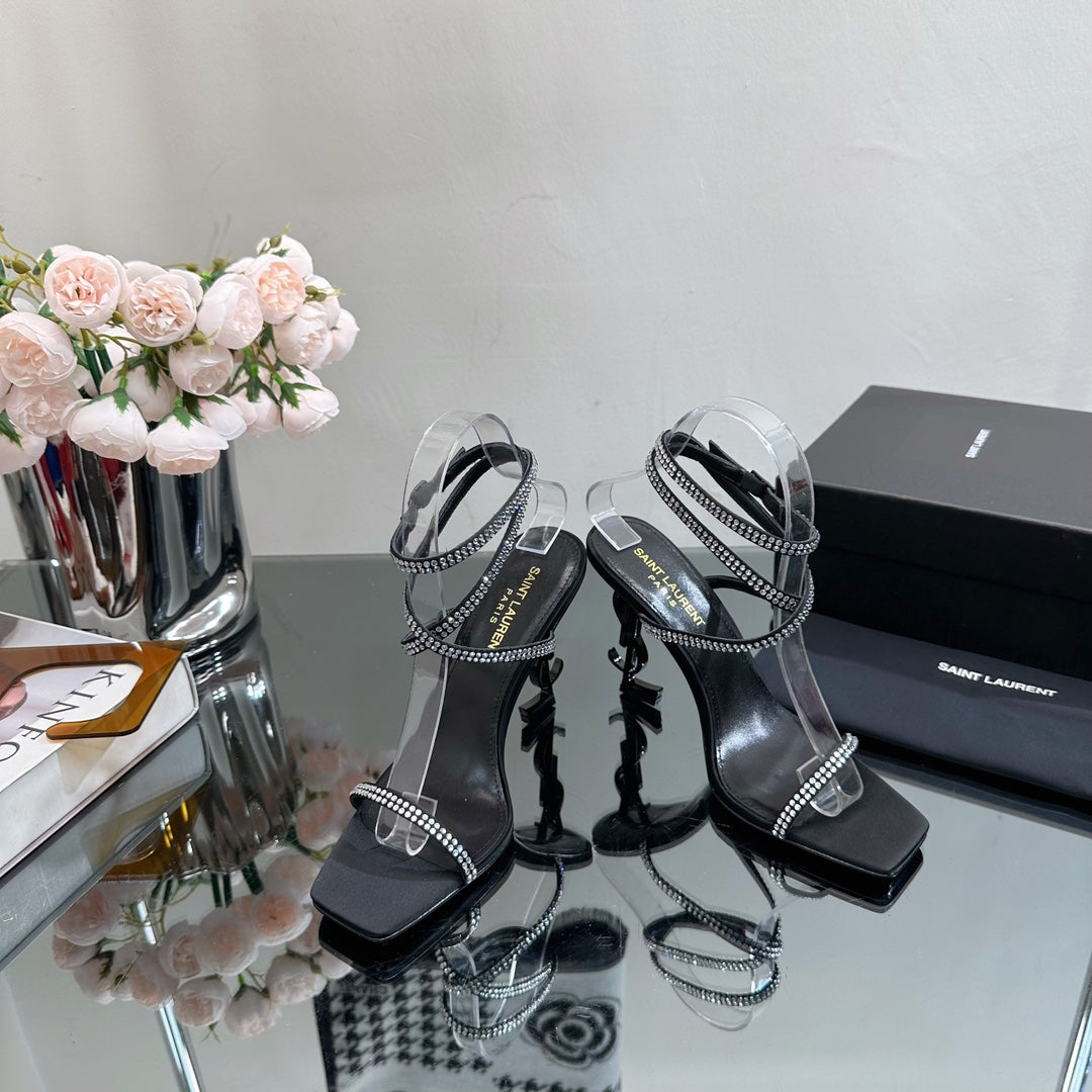 Saint Laurent SL OPYUM WHITE CRYSTAL HEELED SANDALS BLACK SATIN