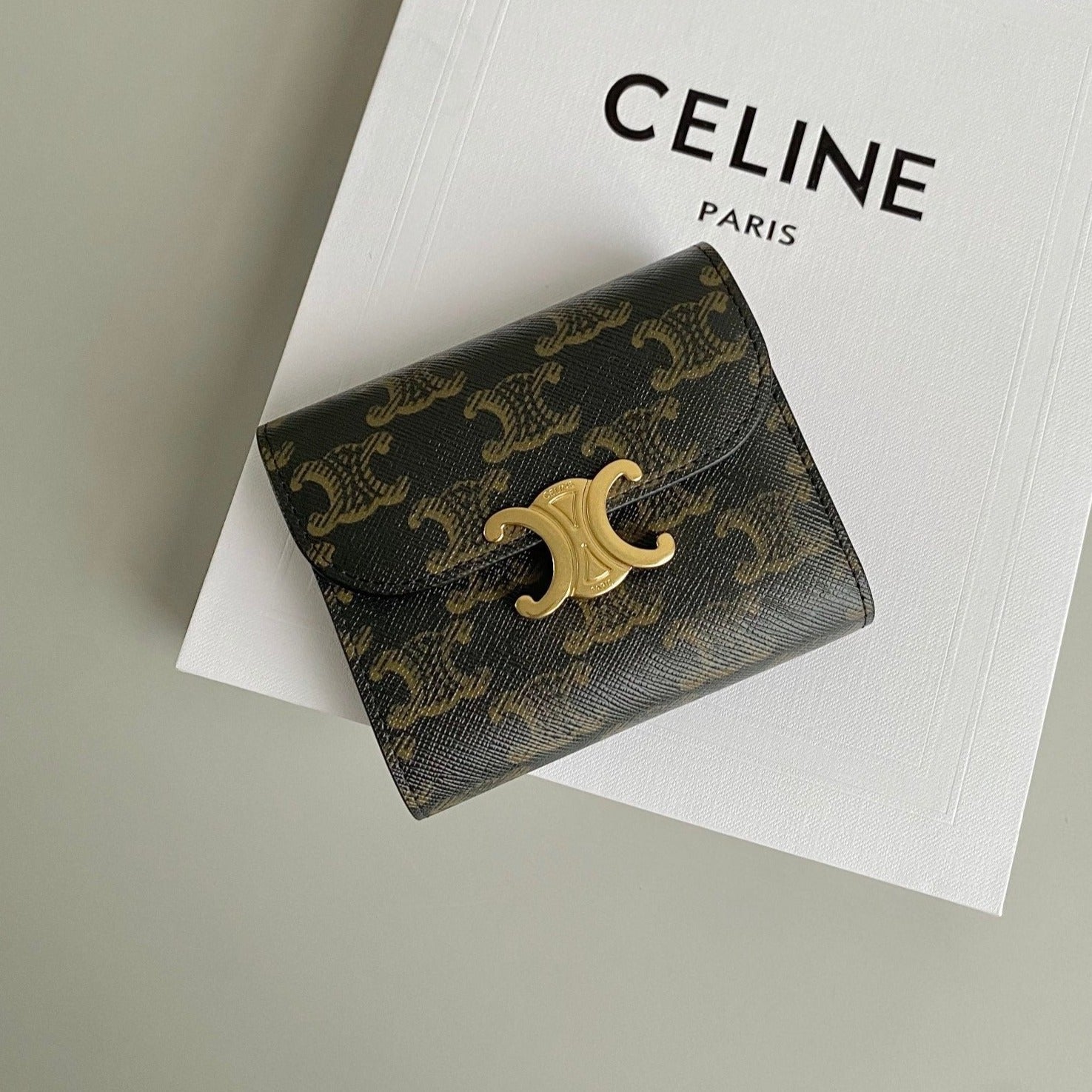 Celine TRIPHOME 10 TRIFOLD WALLET CALFSKIN OLD FLOWER BROWN