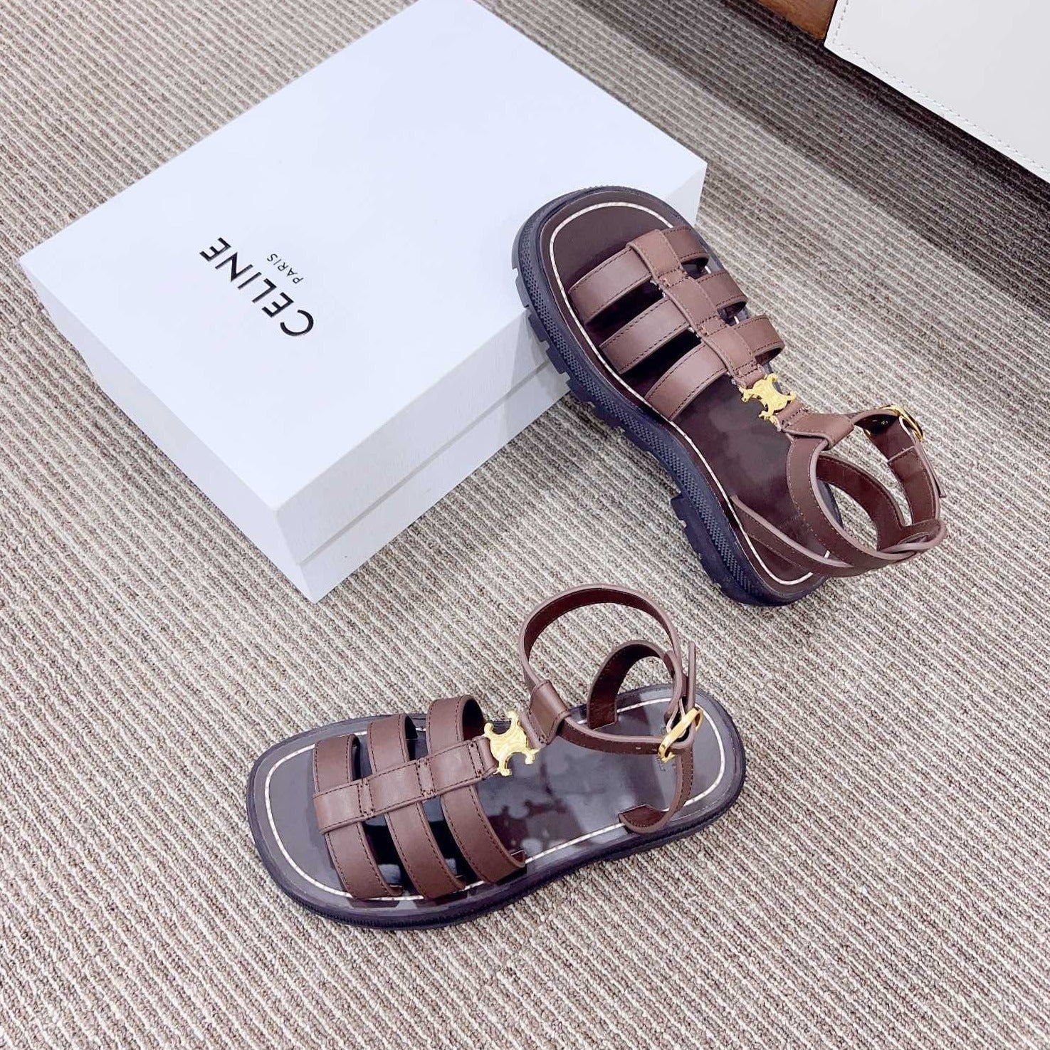 Celine LYMPIA GLADIATOR SANDAL IN CALFSKIN CHOCOLATE BROWN