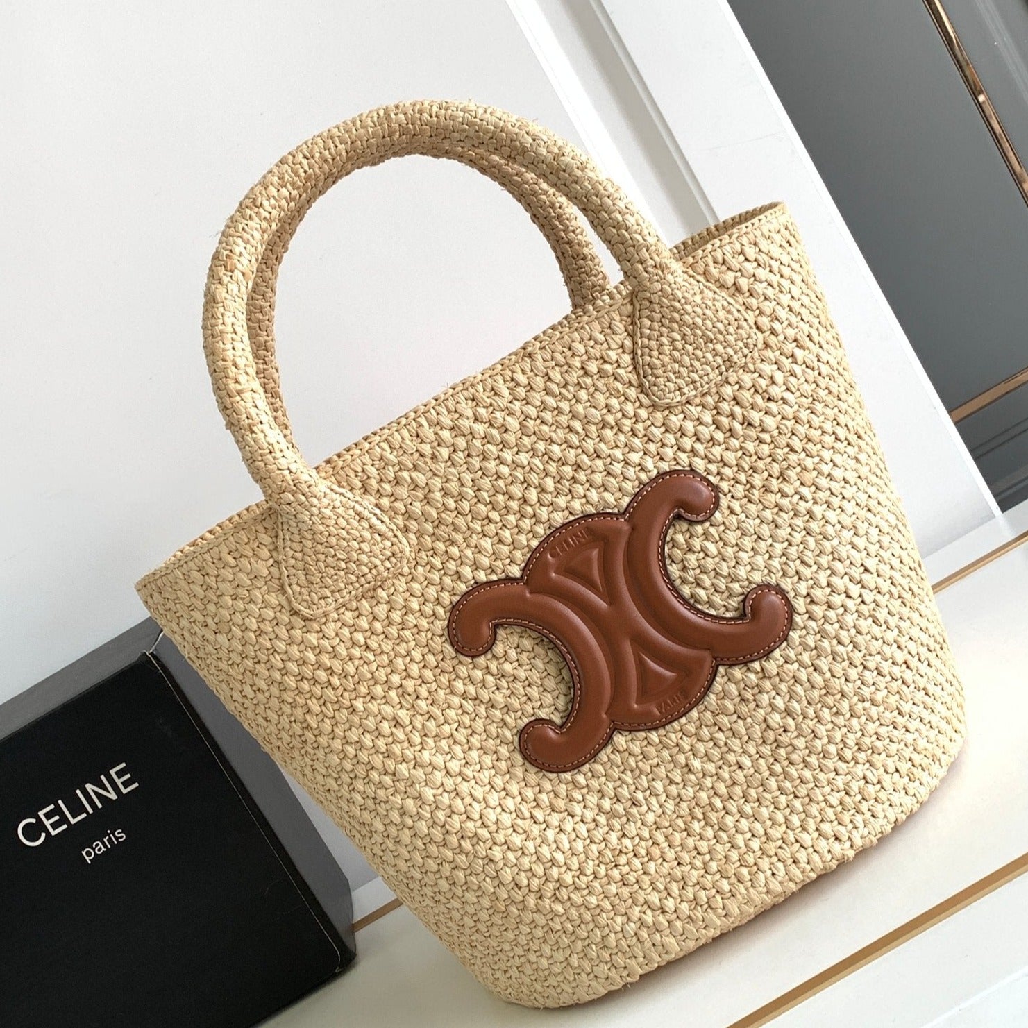 Celine teen triomphe straw bucket bag 23cm raffia brown calfskin