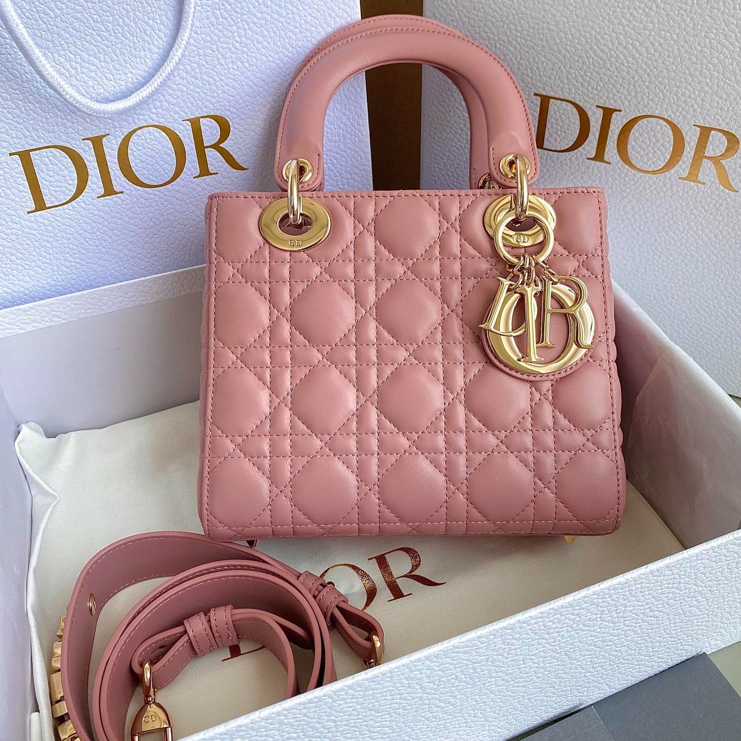 DIOR SMALL LADY 20 POWDER PINK LAMBSKIN