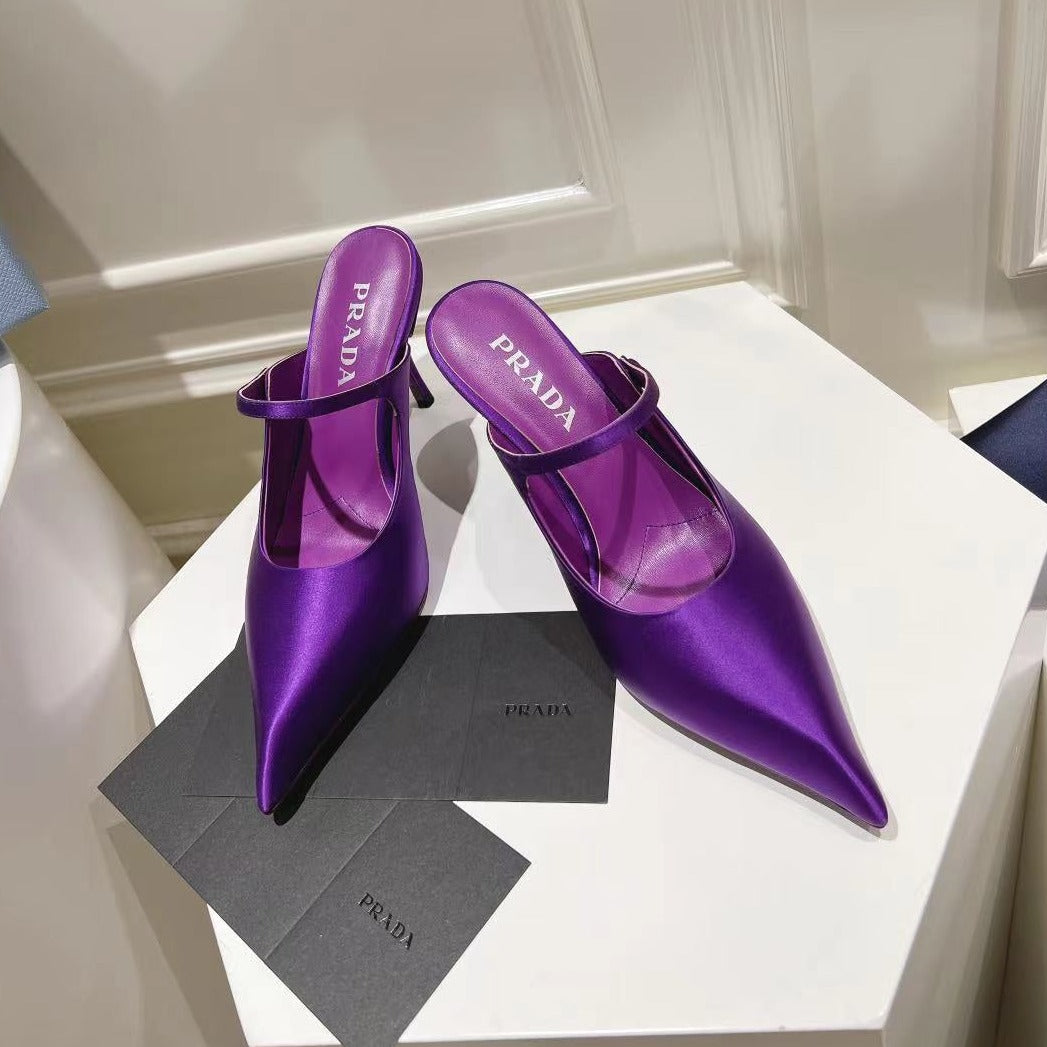 PRADA HIGH-HEELED MULES VIOLET SATIN