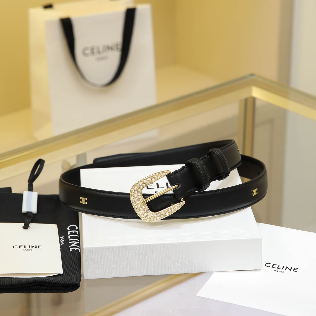 Celine CL MEDIUM 25 MM MARCO BELT WITH STRASS IN BLACK CALFSKIN GOLD HARDWARE