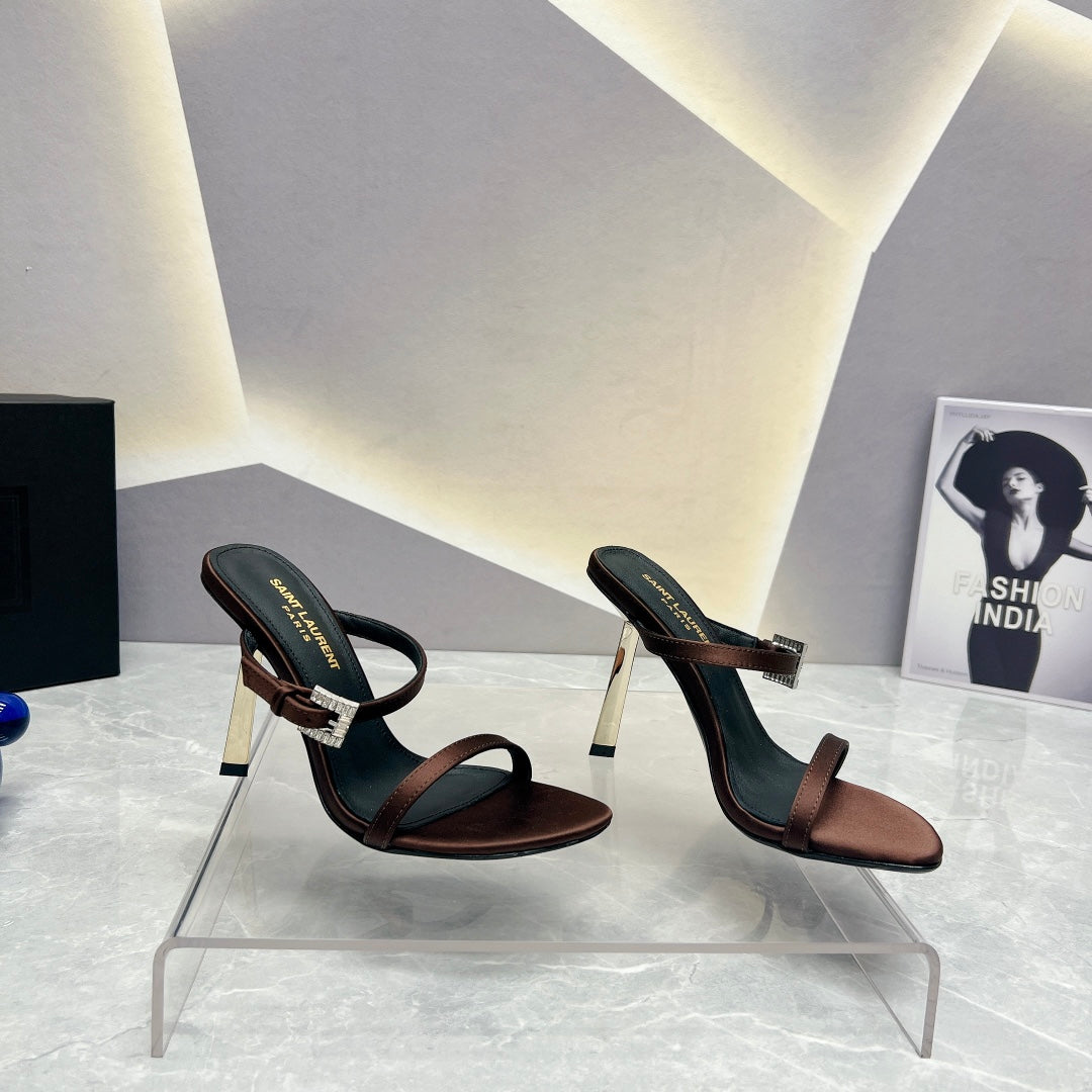 Saint Laurent SL CRYSTAL BUCKLE HIGH HEELS BROWN SATIN